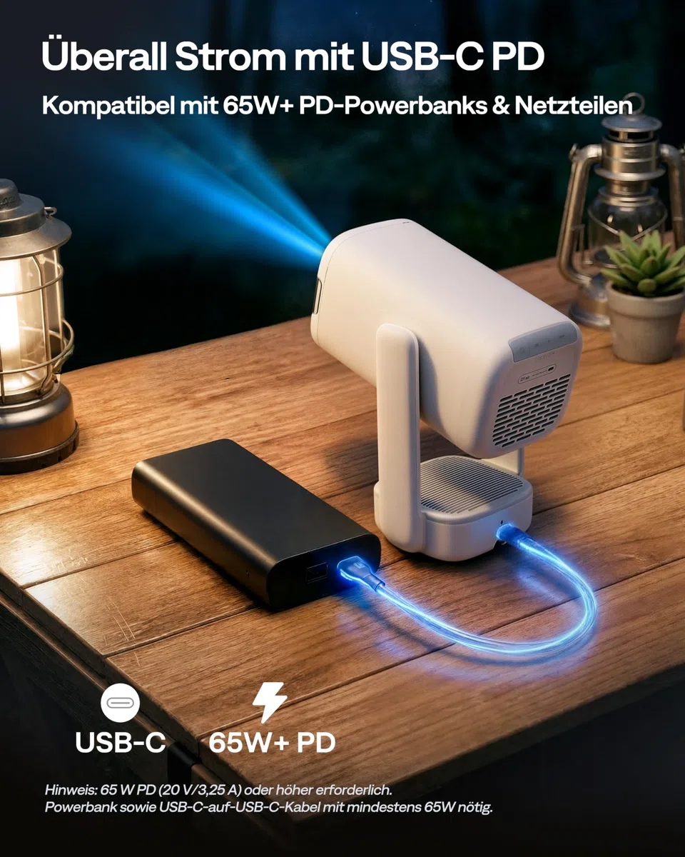 Aurzen D1 air Smart Beamer mit Netflix, 16W Dolby Audio, 1080P HDR10 4K-Unterstützung, 180° Drehbar Mini Tragbarer Projektor mit USB-C PD, TOF-Autofokus, Trapezkorrektur, Weiß