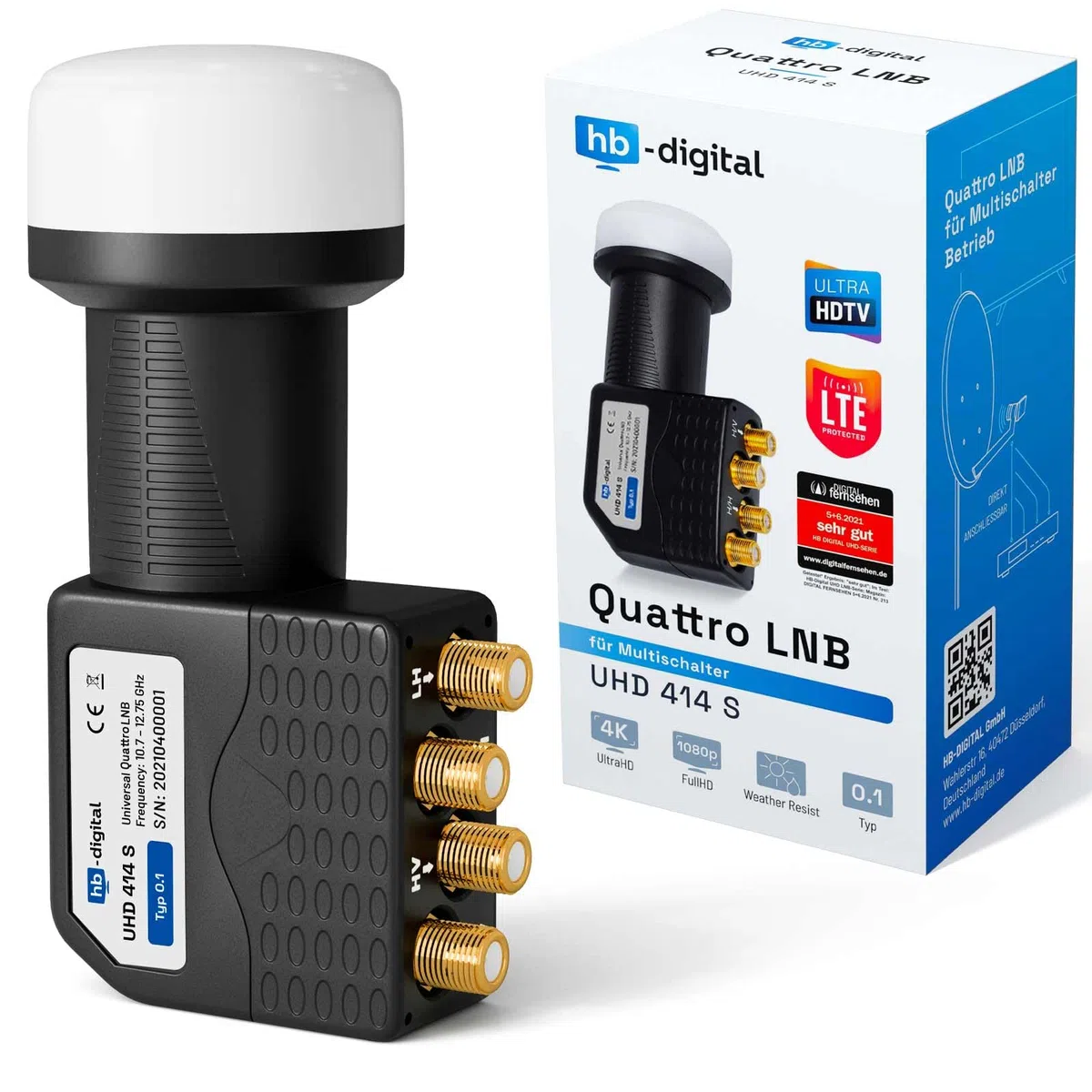 Fuba 8 Teilnehmer Digital SAT Anlage 78cm Schüssel DAA780A Anthrazit + hb-digital UHD 414 S Quattro LNB 0,1dB HDTV 4K + UHD-MS 5/8 Multischalter + Aufdreh-Set + 24 vergoldete F-Stecker Gratis dazu