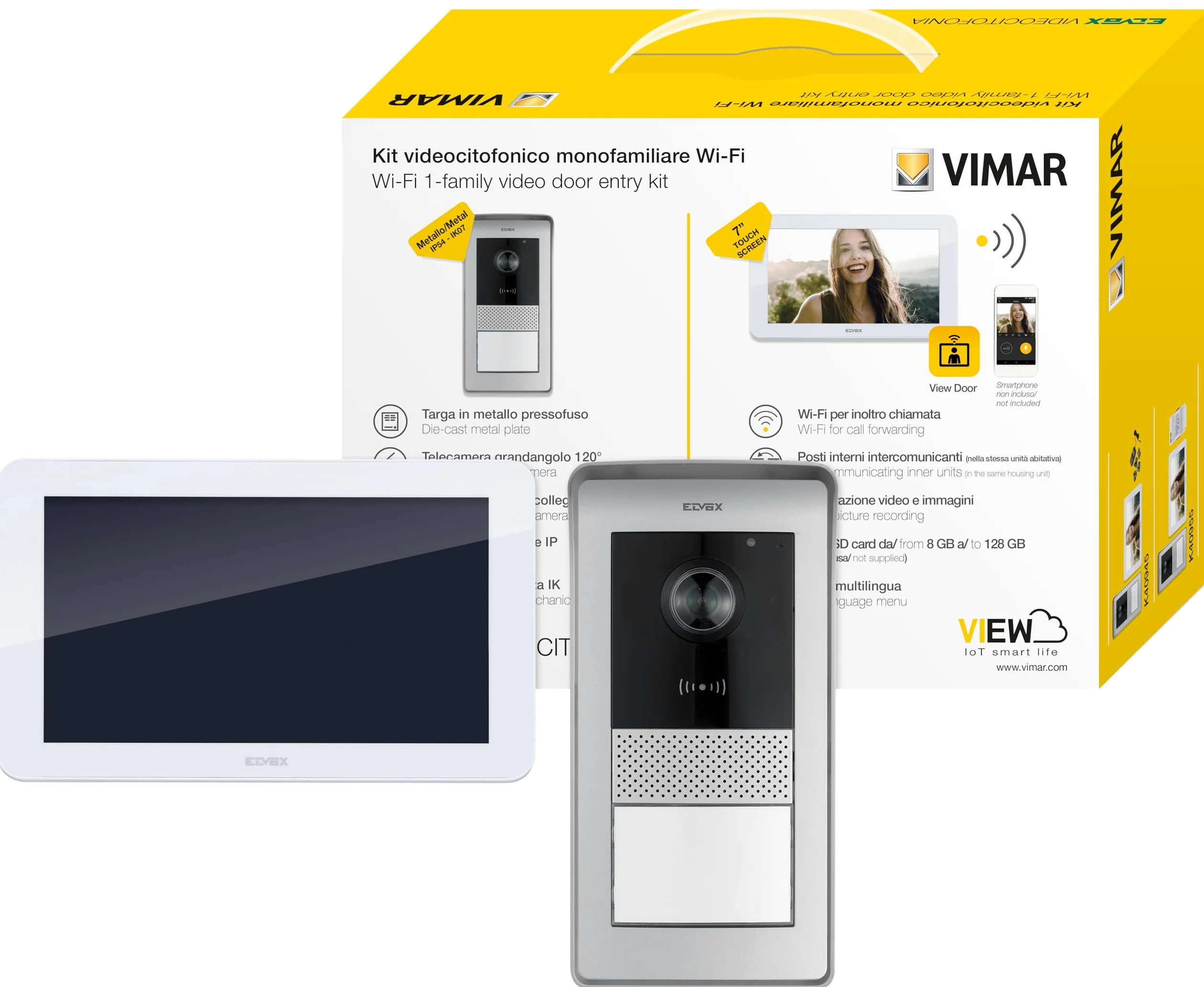 VIMAR K42945 Videosprechenalagen-Set enthält Freisprech-Touchscreen-Videohaustelefon LCD 7in, WLAN-Verbindung, 1-Taste RFID-Klingeltableau, Netzgerät mit austauschbaren Steckern EU BS US AU,1 Familie