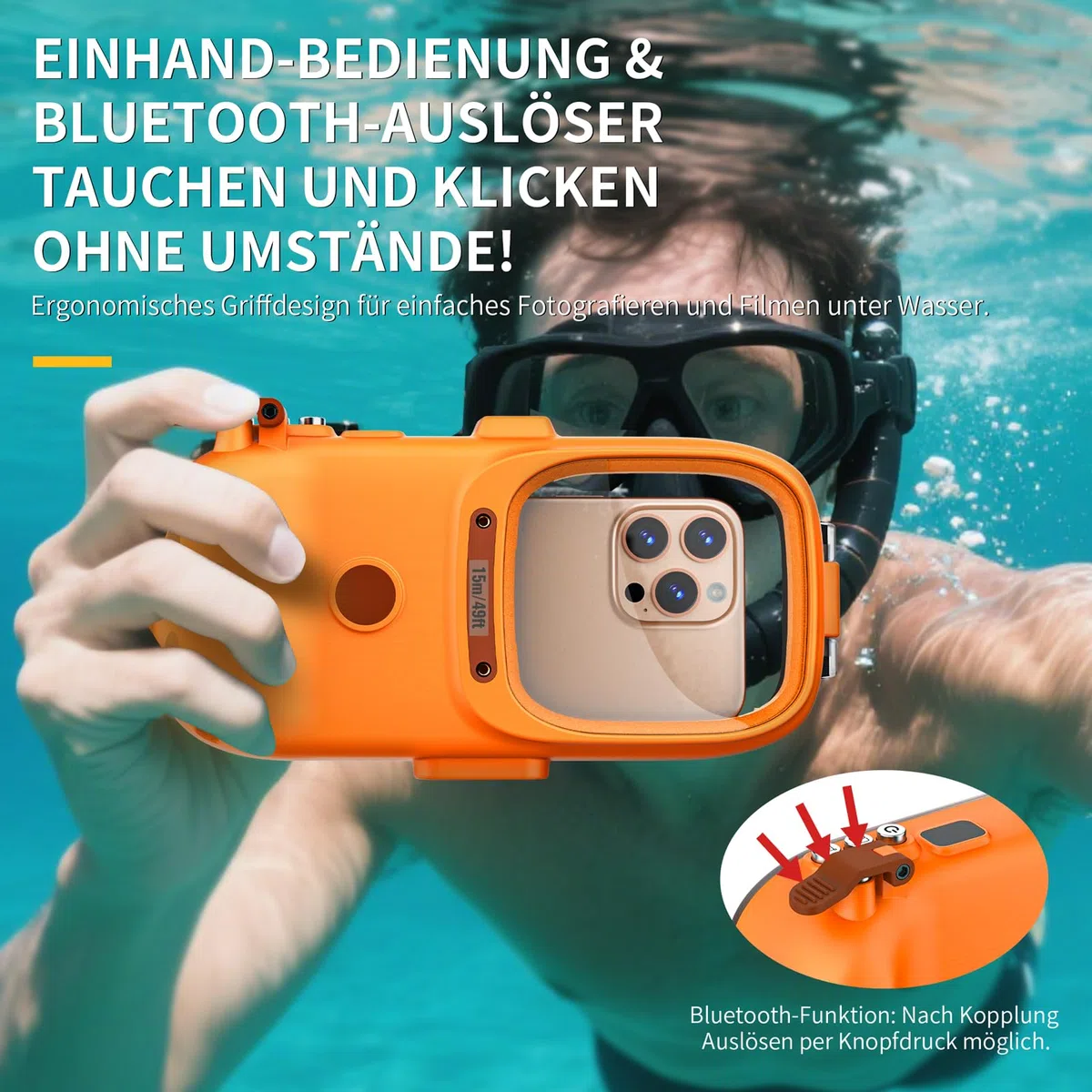 Lanhiem wasserdichte Handyhülle 15M Universelle IPX8 Tauchen Professionelle, kompatibel mit Bluetooth, Unterwasser Hülle für iPhone Samsung XiaoMi Redmi Google und Smartphones 4,7–6,9 Zoll, Orange