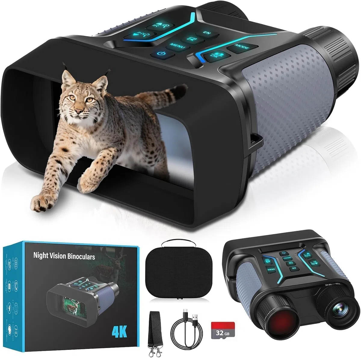 Nachtsichtgerät 4K 36MP, 8X Digitaler Zoom Fernglas mit 7-Stufiges Nachtsicht, 4.5“ HD-Display 4500mAh Wiederaufladbares Infrarot Fernglas Nachtsichtgeräte für Camping mit 32GB TF Karte