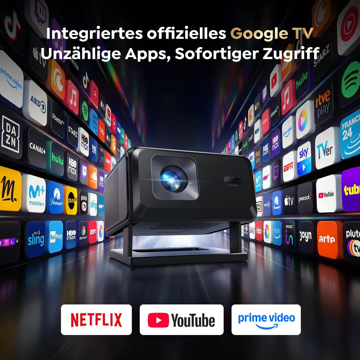 Google TV Beamer 4K Smart Heimkino 1080P FHD Autofokus Trapezkorrektur WiFi Bluetooth Tragbarer Projektor Drehständer