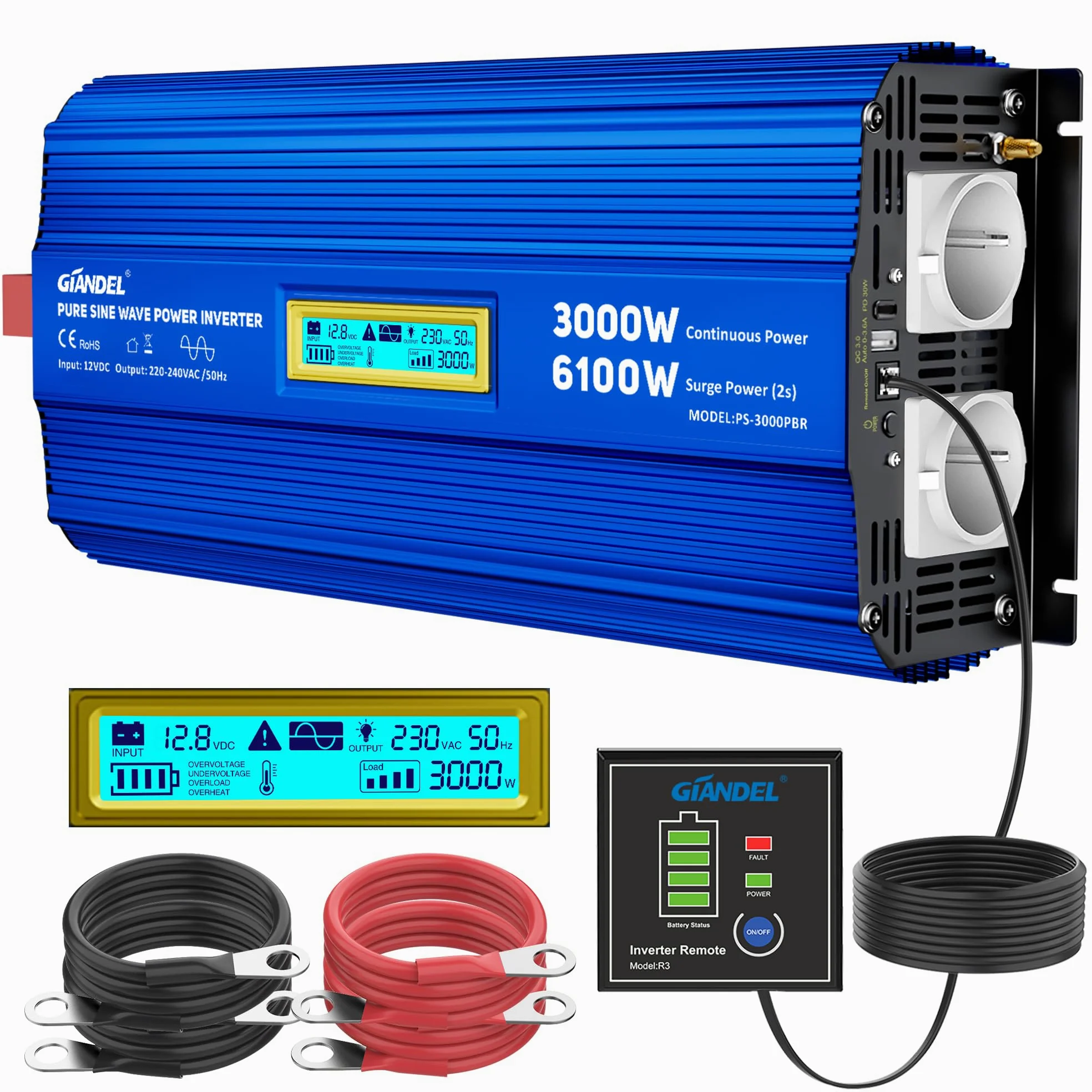 GIANDEL 3000W Reiner Sinus Wechselrichter 12V auf 230V Spitzenleistung 6100W Spannungswandler Kompatibel mit LiFePO4 Power Inverter mit Fernbedienung und USB-C PD 30W für Wohnmobil Camping Wohnwagen