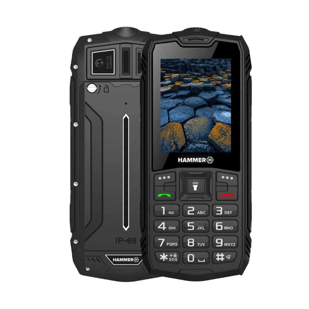 Hammer H Basalt Outdoor Handy ohne Vertrag, 2.4 Zoll Farbdisplay, Robust, Mega Batterie 1800 mAh, Wasserdicht (IP68), Stoßfest, Baustellen Tasten, Taschenlampe, Dual SIM, Tastenhandy - Schwartz
