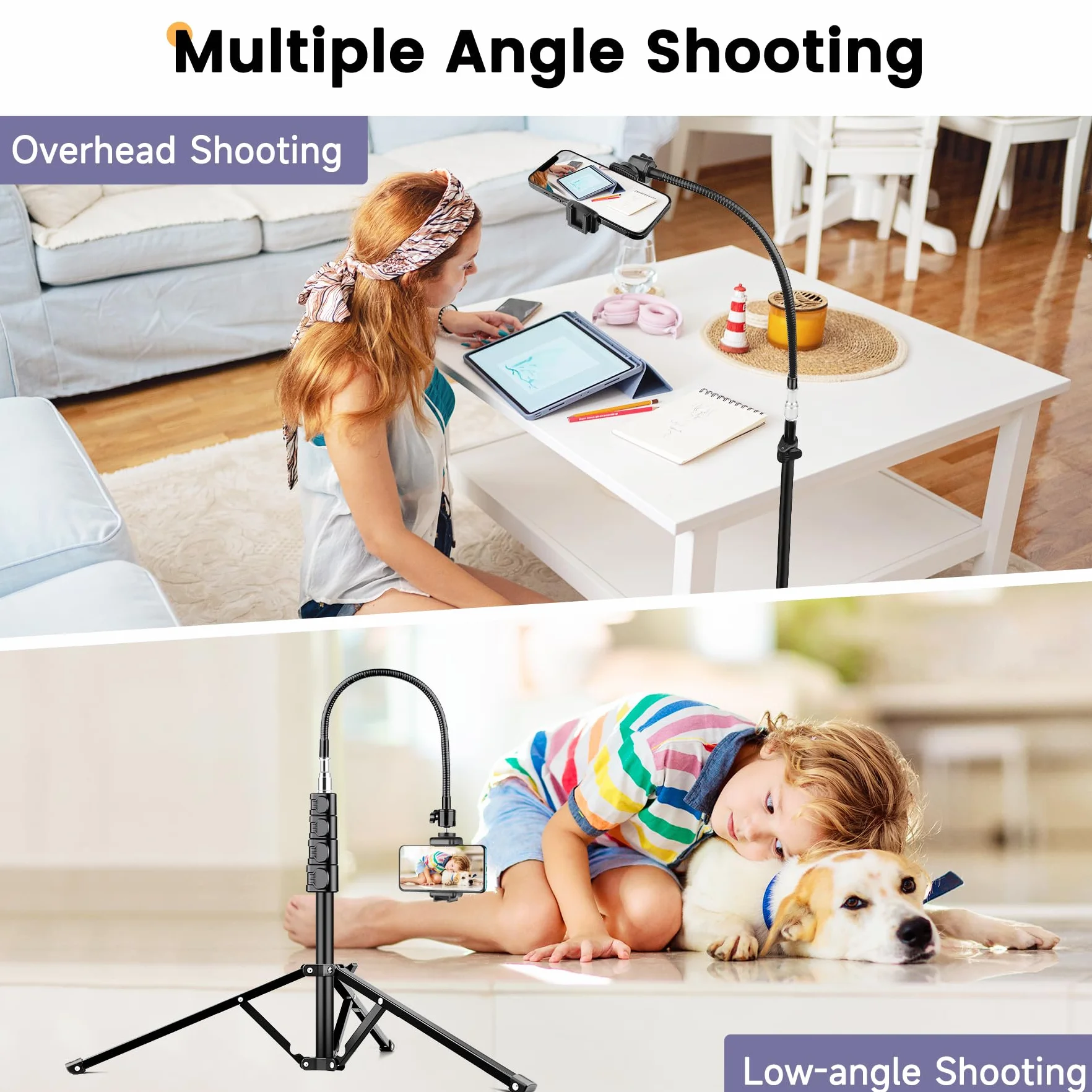 Victiv 224cm Hoch Handy Stativ, Schwerlast Flexibel Overhead Stativ für Kamera mit 35cm Verstellbarer Schwanenhals, Aluminium Kamera Phone Stative für Canon DSLR & iPhone17 16 15 Pro Max Min, Samsung