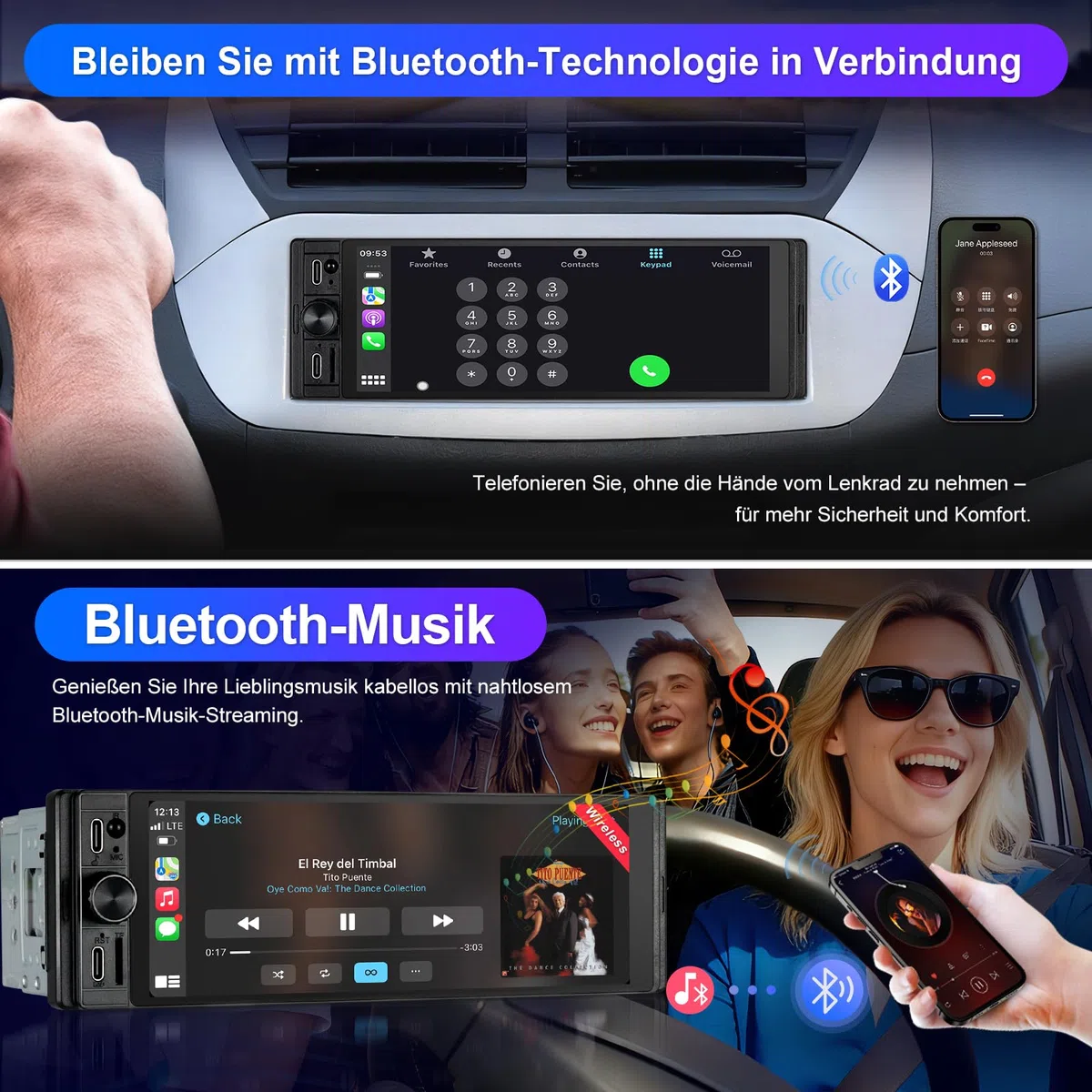 1 DIN Radio Kompatibel mit Wireless CarPlay & Android Auto, Autoradio 1Din mit 6,28 Zoll HD Bildschirm, Navi, Bluetooth, AM/FM/RDS, TF, AUX, SWC