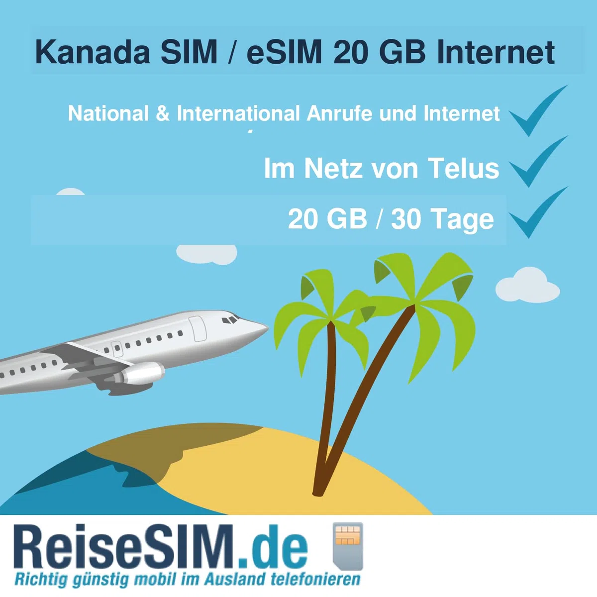 ReiseSIM.de Kanada SIM-Karte eSIM 20 GB 30 Tage Kanadische Rufnummer 7-60 GB Internet