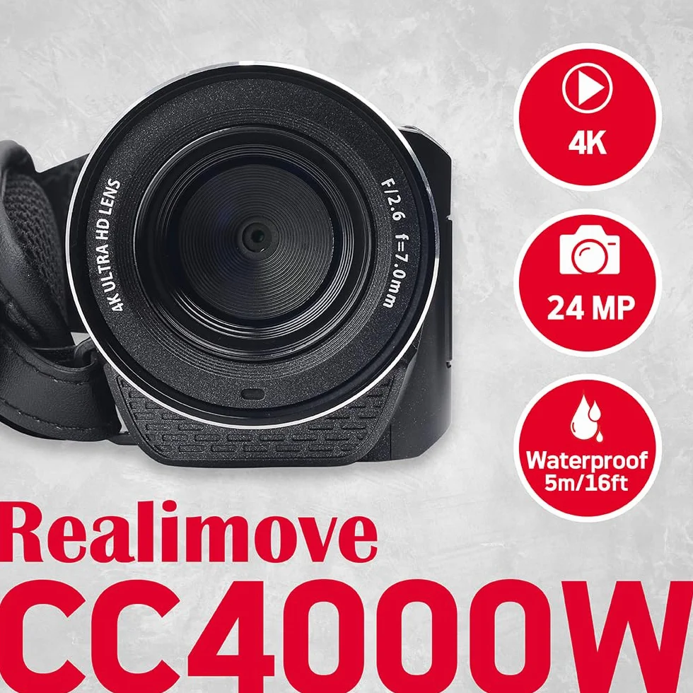 Agfa Camcorder Realimove Cc4000 Black | Wasserdicht, 3-Zoll-Touchscreen, 18-facher Digitalzoom, Video 2.7K, Foto 24 MP, Fernbedienung, LED, Lithiumbatterie