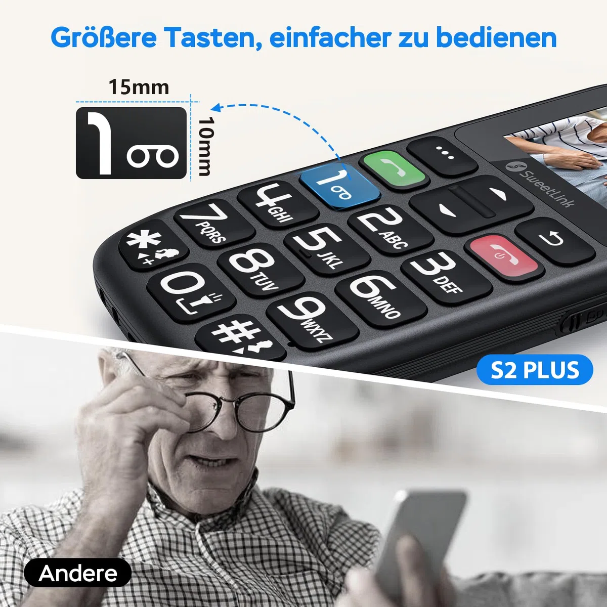 SweetLink S2PLUS Seniorenhandy Dual SIM 2G GSM 1400mAh Akku SOS-Notruftaste 1,77" Großtasten-Display Ladestation FM-Radio