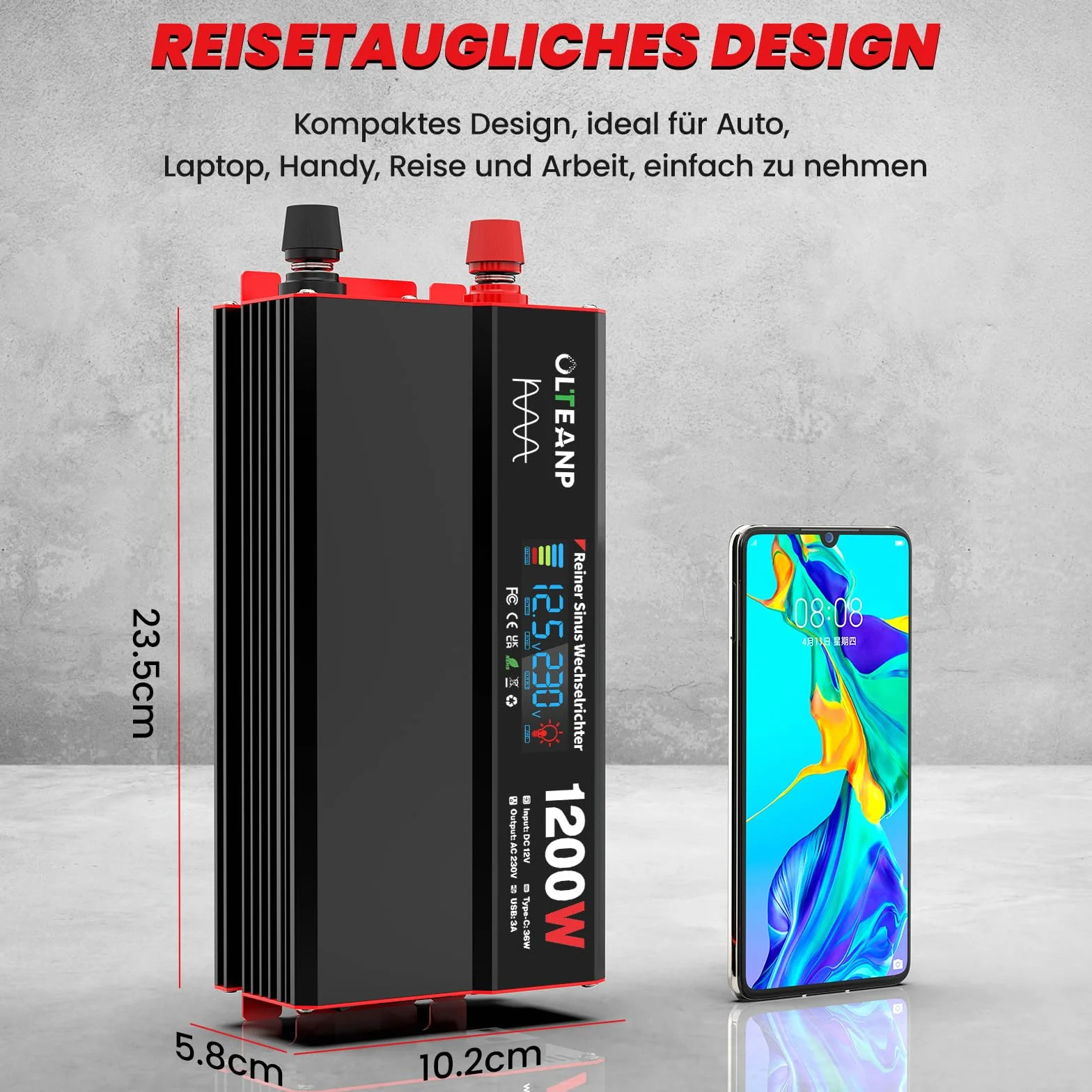 OLTEANP Wechselrichter 12V auf 230V Reiner Sinus,Spannungswandler 1200W Inverter mit LCD-Bildschirmanzeige, AC-Steckdosen, 36W Typ-C-Anschluss, 5V/3A USB-Anschluss für LKW,Zuhause,Fahrzeuge