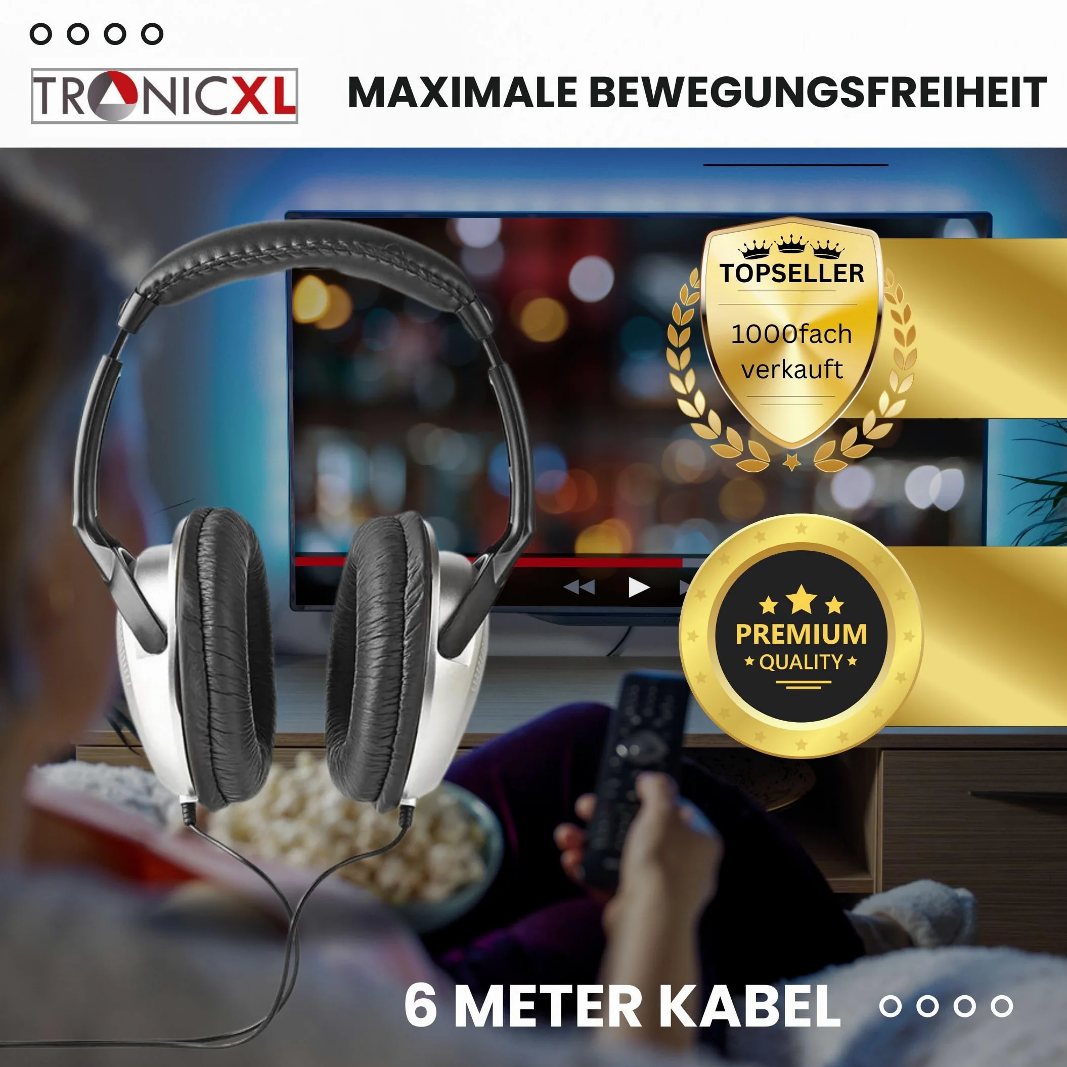 TronicXL Fernsehkopfhörer Stereo 6m Kabel kompatibel Sony LG Panasonic Grundig Samsung