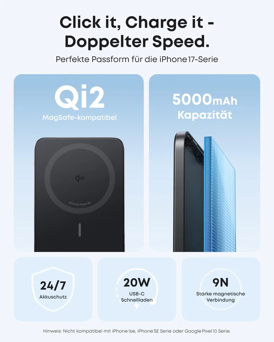 Anker Nano Powerbank 5000mAh Qi2 15W MagSafe-kompatibel tragbares Ladegerät für iPhone 17/16/15/14/13