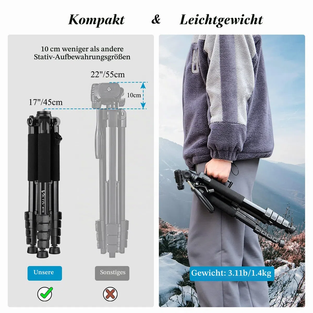 Victiv Kamera Stativ 52-160-185cm Höhe, Aluminium Fotostativ für DSLR Canon Nikon Sony, Dreibeinstativ mit Handy Halterung