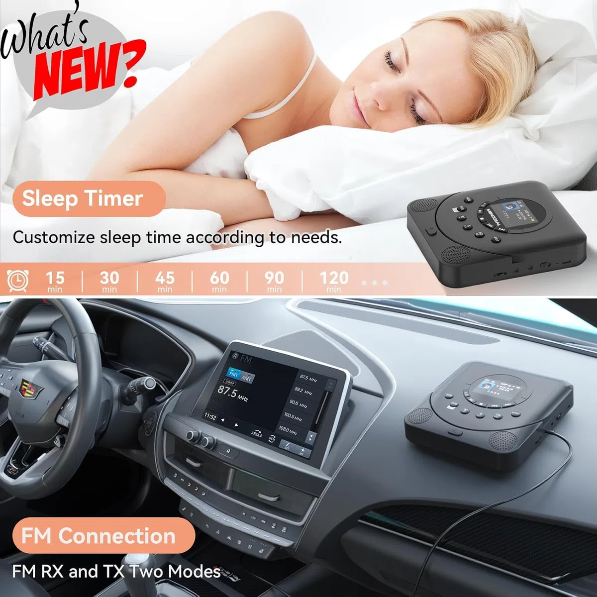 MONODEAL CD Player Tragbar mit TFT Display und Sleep Timer, Integriertes FM-Radio, 2025 Tragbarer CD Player Bluetooth, Wiederaufladbar Discman CD Player mit Lautsprecher und FM Transmitter, Anti-Skip