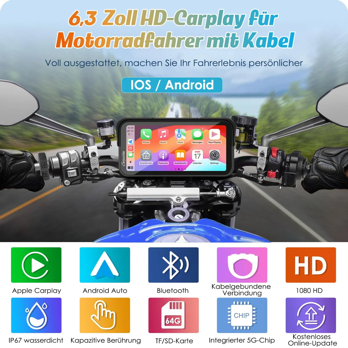 Carpuride W603 Motorrad-Carplay-Bildschirm, Kabelloses CarPlay und Android Auto für Moto, Fernbedienung, 6,3-Zoll-wasserdichter Touchscreen, BT Audio, GPS-Navigation, Siri, G00gle-Assistent
