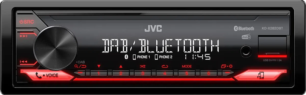 JVC KD-X282DBT USB-Autoradio mit DAB+ & Bluetooth Freisprecheinrichtung (USB, AUX-In, 1 x Pre-Out 2,5V, Soundprozessor, 4x50 W, rote Tastenbeleuchtung)