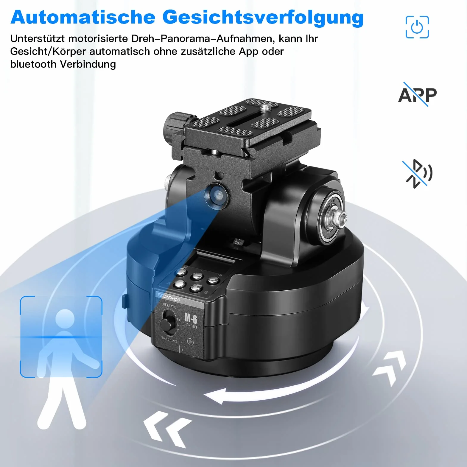 Soonpho M6 Motorisierter 360 Grad Erehbarer Elektrischer Remote Panorama-Stativkopf mit Telefonklemme und Fernbedienung AI Face Tracking Gestenerkennung AB Zwei Punkt Typ für DSLR,Stativ,Mobiltelefon