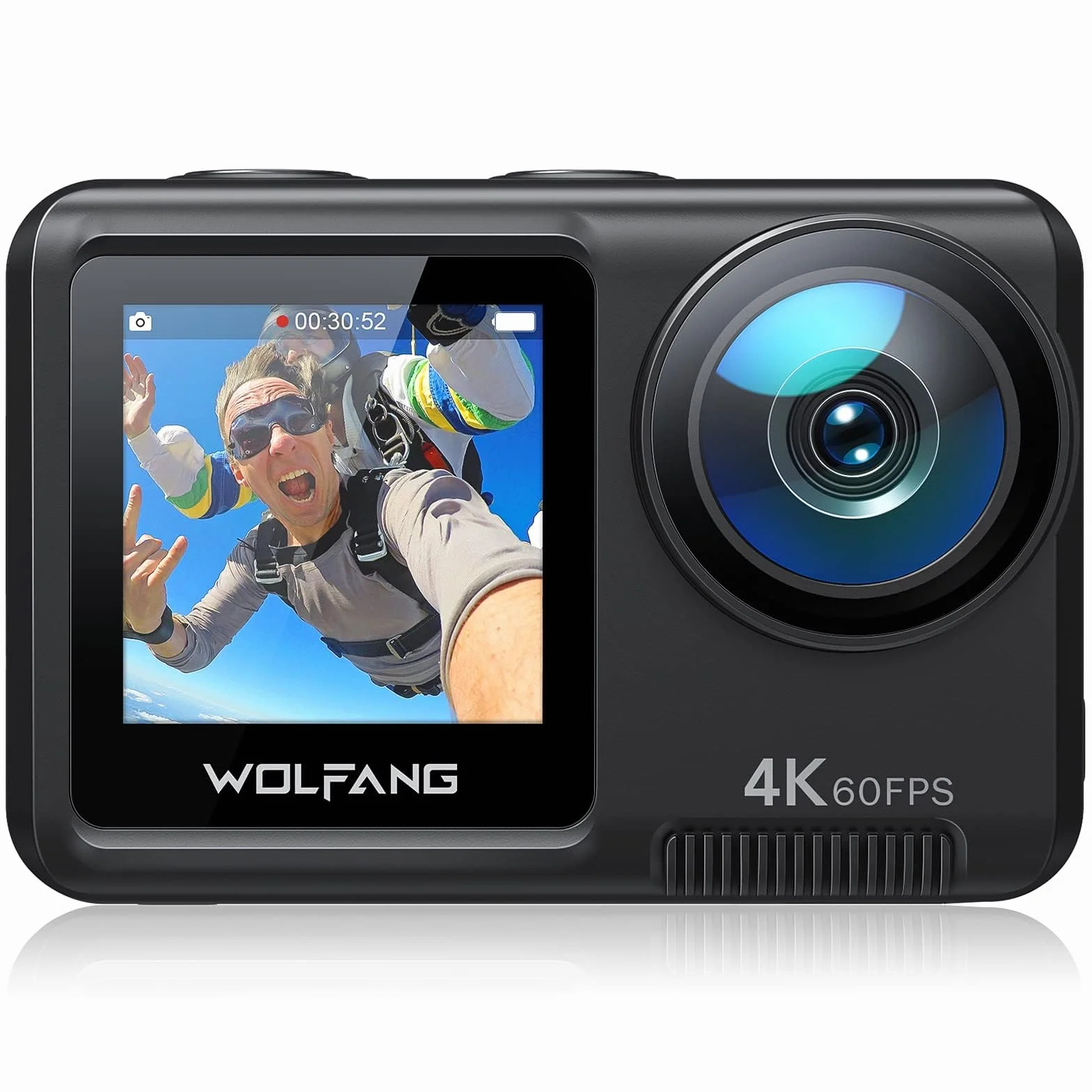 WOLFANG GA420 Action Cam 4K 60FPS Unterwasserkamera 10M IPX7 Wasserdicht EIS Bildstabilisator Touchscreen Doppelbildschirm Sportkamera 40M WiFi Externem Mikrofon 2x1350mAh Akkus und Zubehör Kit