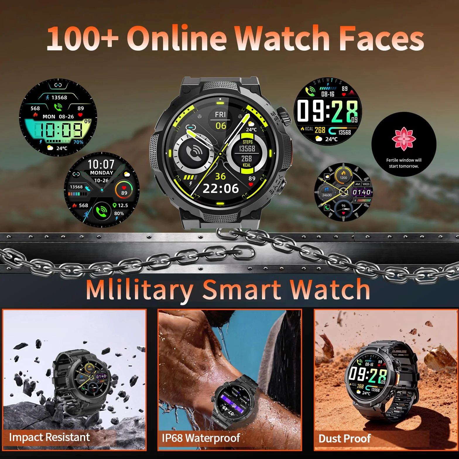 Smartwatch Herren Damen, 1.53" HD 1000mAh Militär Smart Watch mit Telefonfunktion, 100+Sportmodi Fitnessuhr Tracker, IP68 Wasserdicht Sportuhr, Herzfrequenz Schlafmonitor Schrittzähler Android iOS