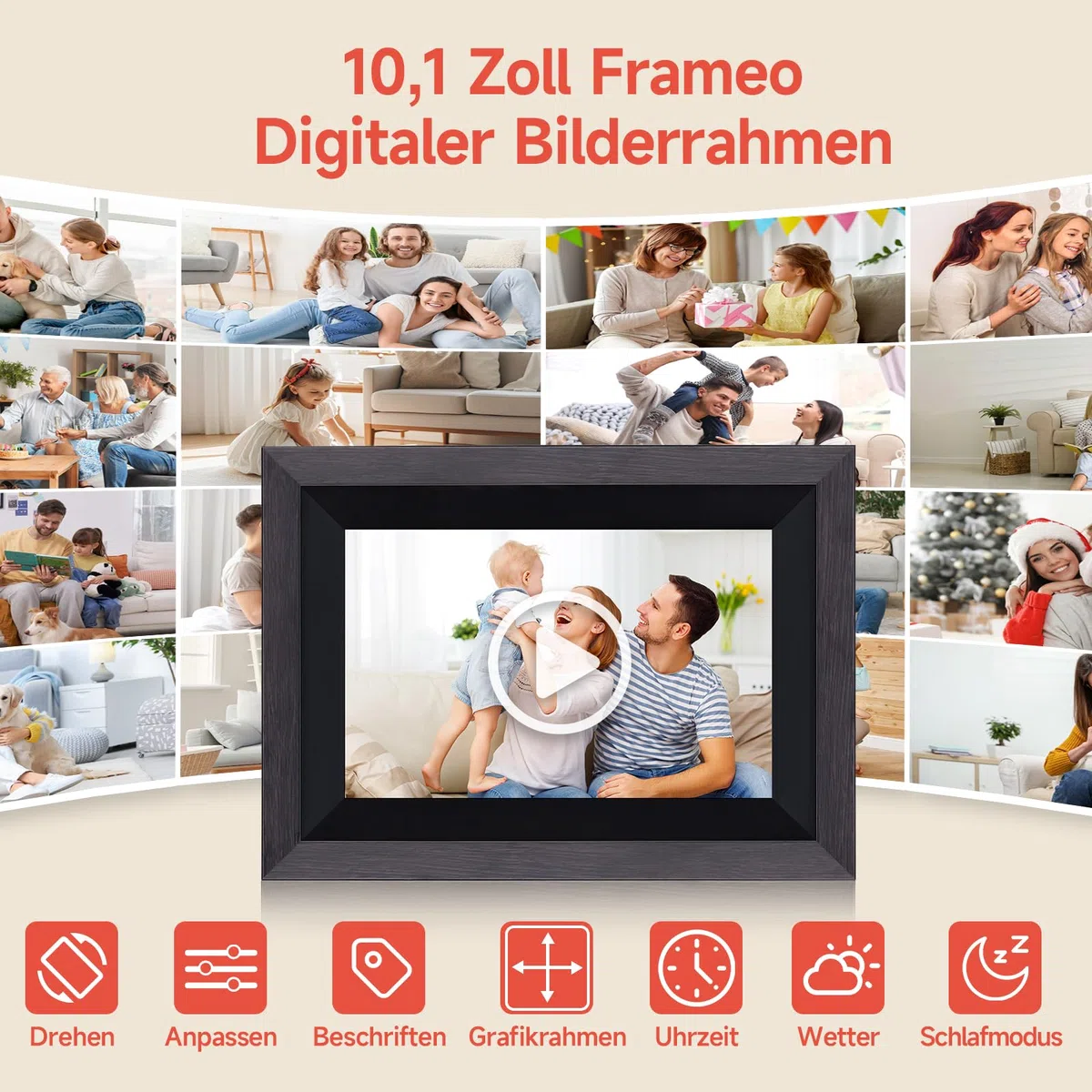 Digitaler Bilderrahmen, Rollei Smart Frame WiFi 105 10,1 Zoll Frameo WLAN Digital Photo Frame 1920x1200 Touchscreen 32GB Speicher Holz Schwarz Digitaler-Bilderrahmen-Digital-Elektronischer-Fotorahmen