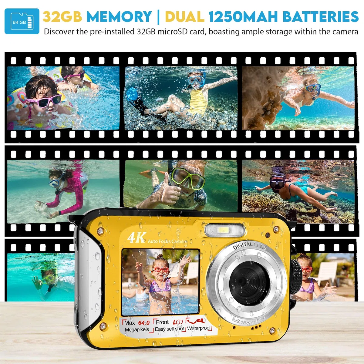 64MP Unterwasserkamera mit 32GB Speicherkarte, 4K unterwasser kamera mit Autofokus & Dual-Selfie-Bildschirmen, 5 Meter kamera wasserdicht, digitalkamera wasserdichte für Kinder & Schnorcheln (2 Akkus)