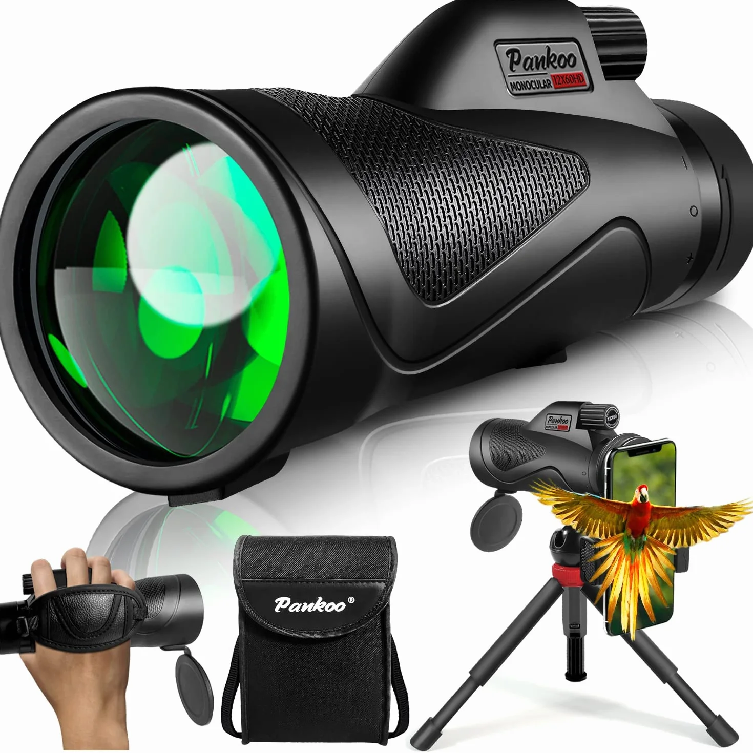 Pankoo 12 x 60 Monokularteleskop High Powered mit Smartphone Adapter Stativ und tragbarer Tasche, größeres Vision Monokular für Erwachsene mit BAK4 Prisma eFMC Objektiv, geeignet für Vogelbeobachtung