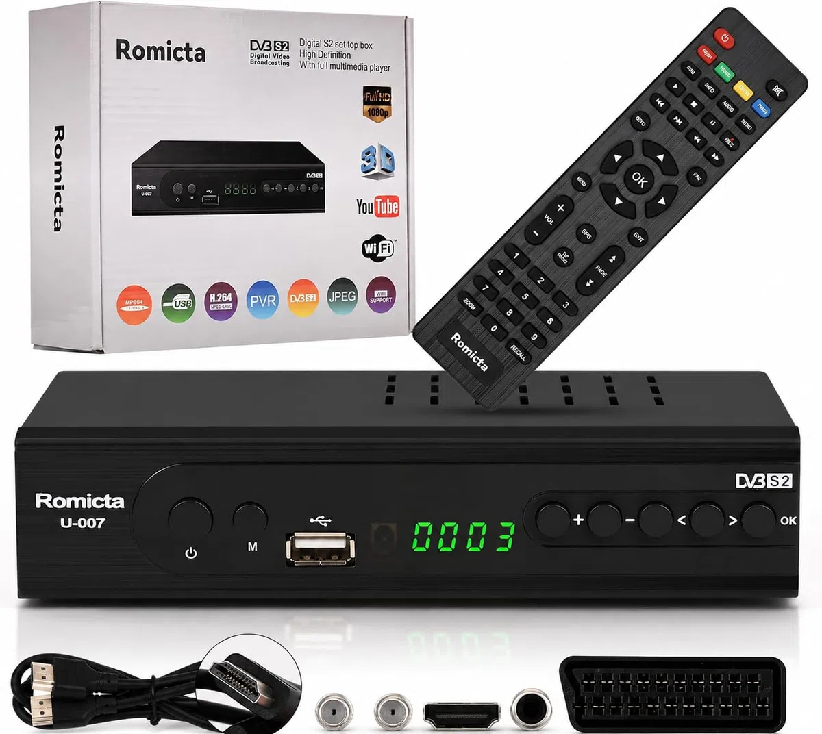 Romicta HD Satelliten Receiver DVB-S/S2 PVR EPG SCART USB Mediaplayer HDTV YouTube Schwarz