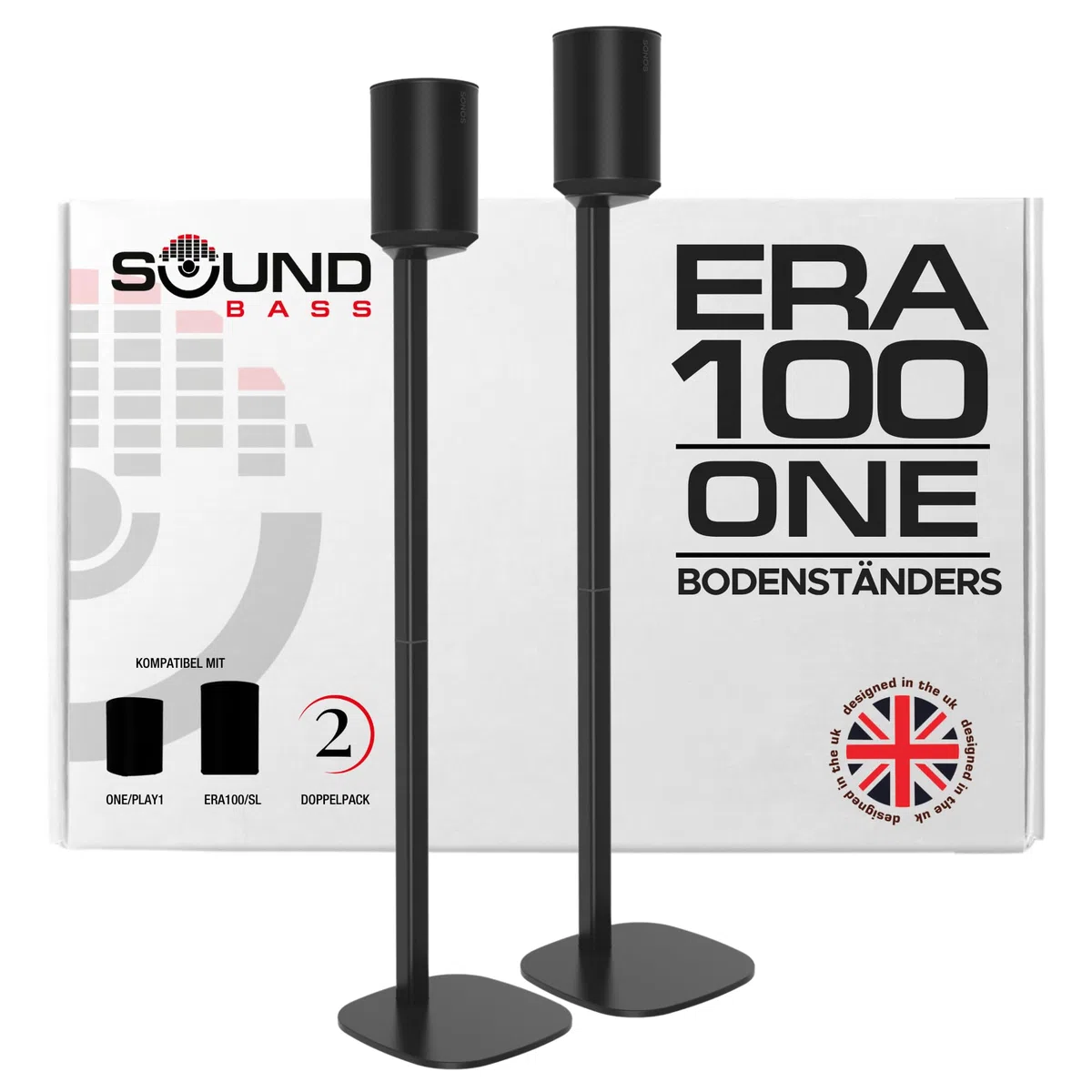 Sound Bass ERA 100 Bodenständer, Doppelpack (2 Stück), Kompatibel mit Sonos ERA100 & ERA 100 SL, Sonos ONE & Play:1 Lautsprecher, Zubehör Enthalten, Entworfen in Großbritannien, Doppel, Paar (Schwarz)