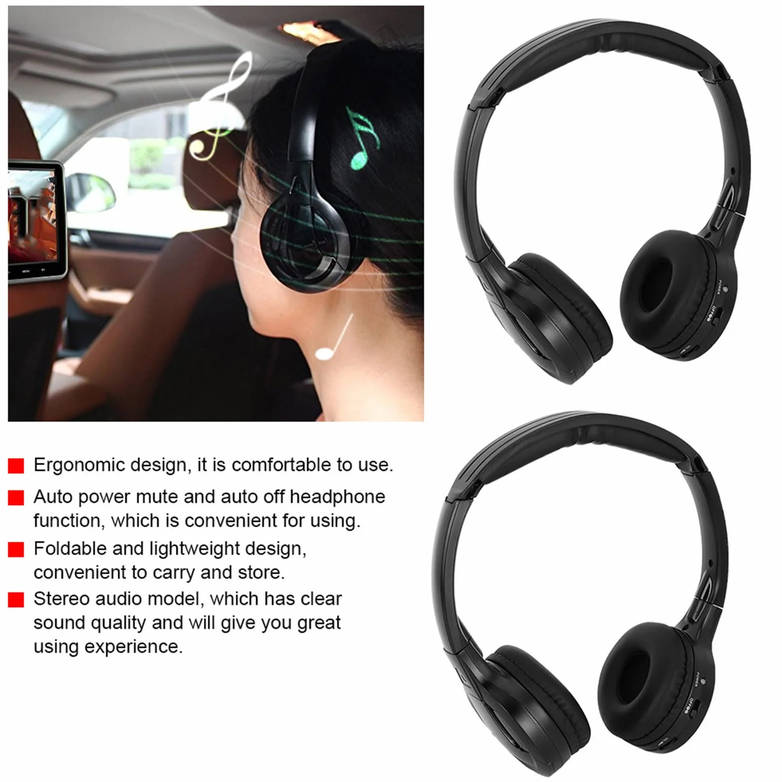 Qiilu Espace 4, 2-Kanal-Stereokopfhörer mit kabellosem Infrarot für die Kopfstütze im Auto, DVD-Player im Wohnwagen, kabellose Uconnect-Telefone, U Connect, Infrarotkopfhörer