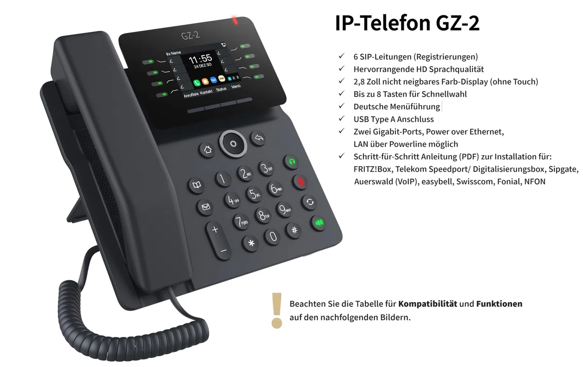 GEQUDIO GZ-2 IP Telefon VoIP mit Netzteil für FritzBox, Telekom Speedport | VoIP SIP Tischtelefon, Sipgate, Farbdisplay, Freisprechen, USB Schwarz