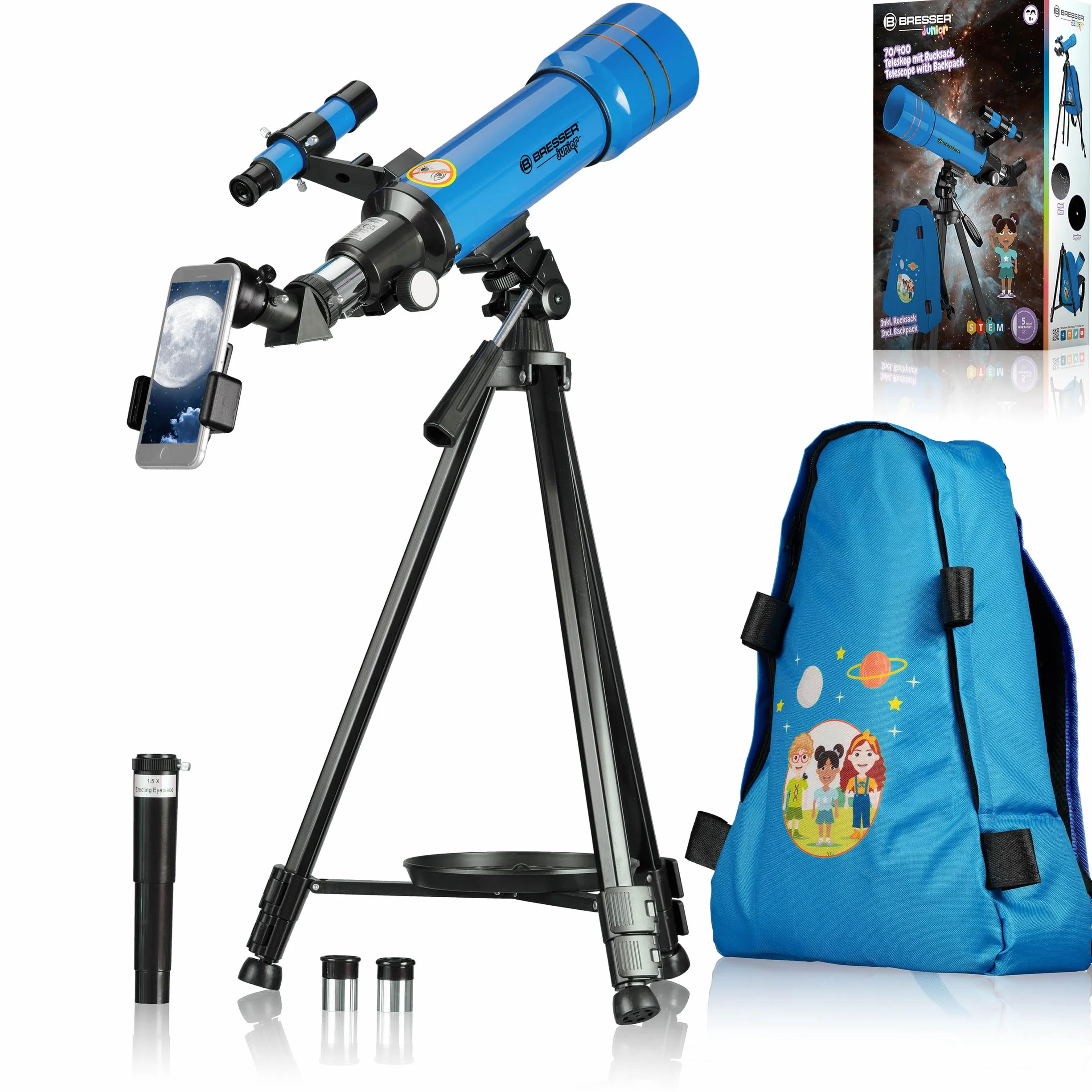 Bresser Junior Kinderteleskop 70/400 Linsenteleskop für Kinder ab 8 Jahren, Astronomie Einsteiger, Teleskop mit Rucksack, Zubehör & Smartphone-Halterung, Nachthimmel Beobachtung blau