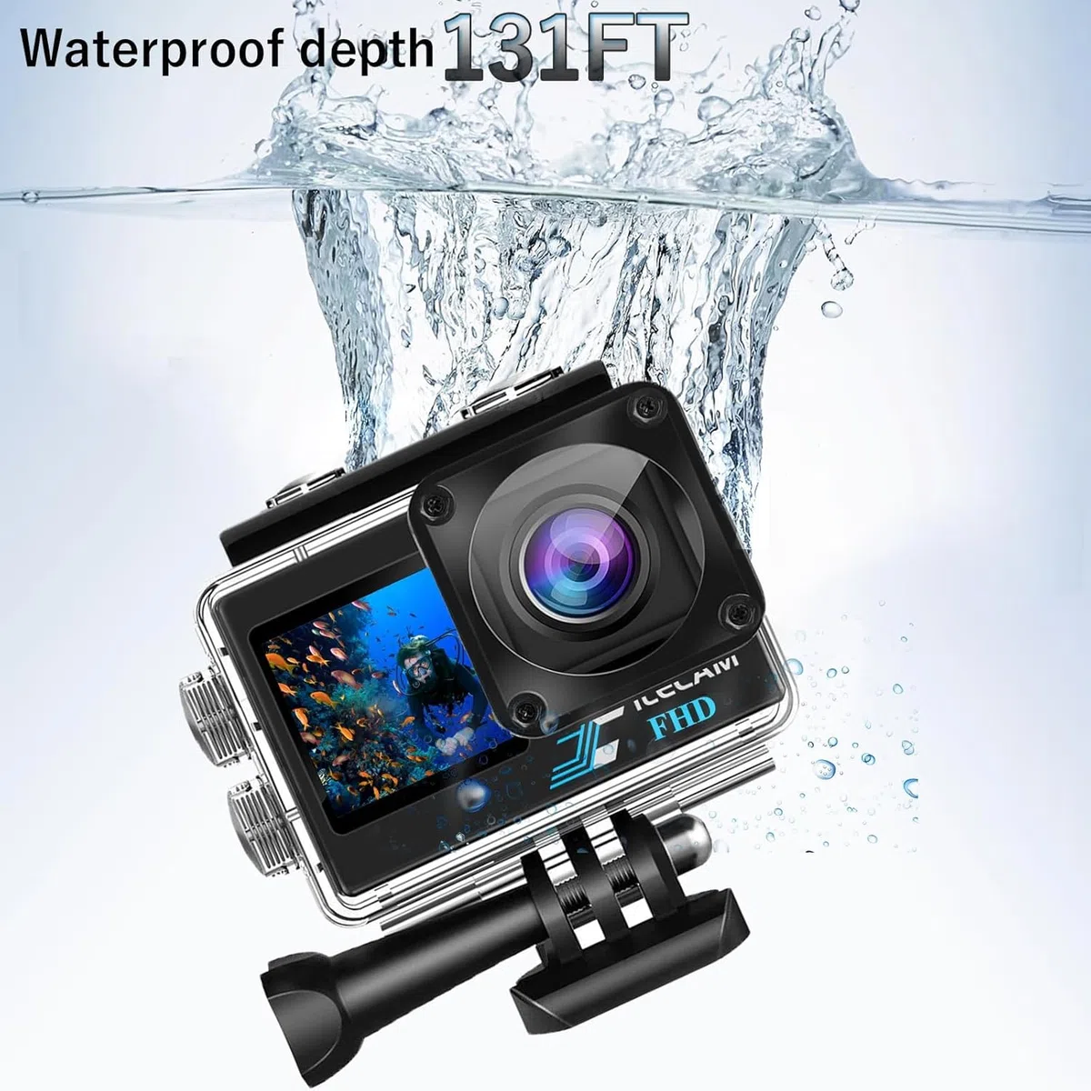 Xilecam Dual Screen Action Cam 1080P 32 GB Karte wasserdichte Kamera wasserdichte Unterwasserkamera mit 2 x 1050 mAh Akku （Schwarz）
