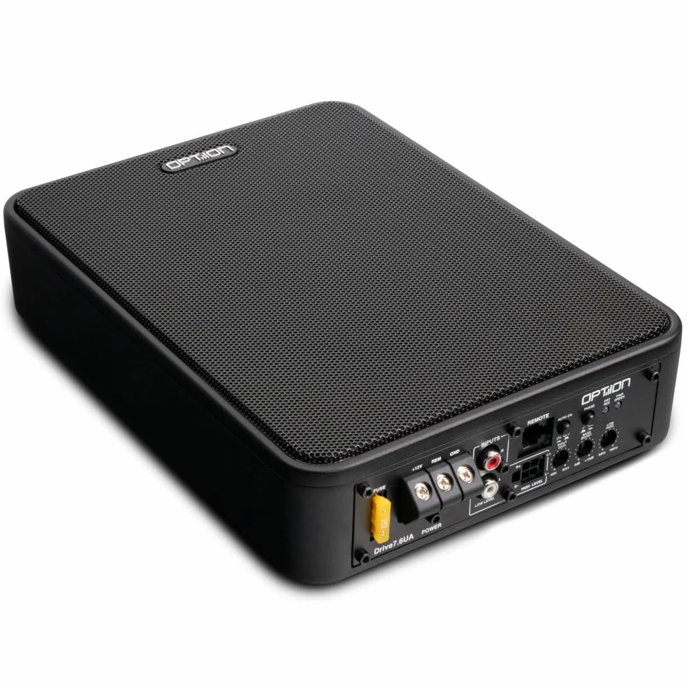 Option DRIVE7.6UA Aktiv-Subwoofer - Kompakter Untersitz-Subwoofer mit integrierter Endstufe - inkl. Pegelfernbedienung - High-Level-In, 100 Watt RMS, 30 Hz - 150 Hz, 3.5kg
