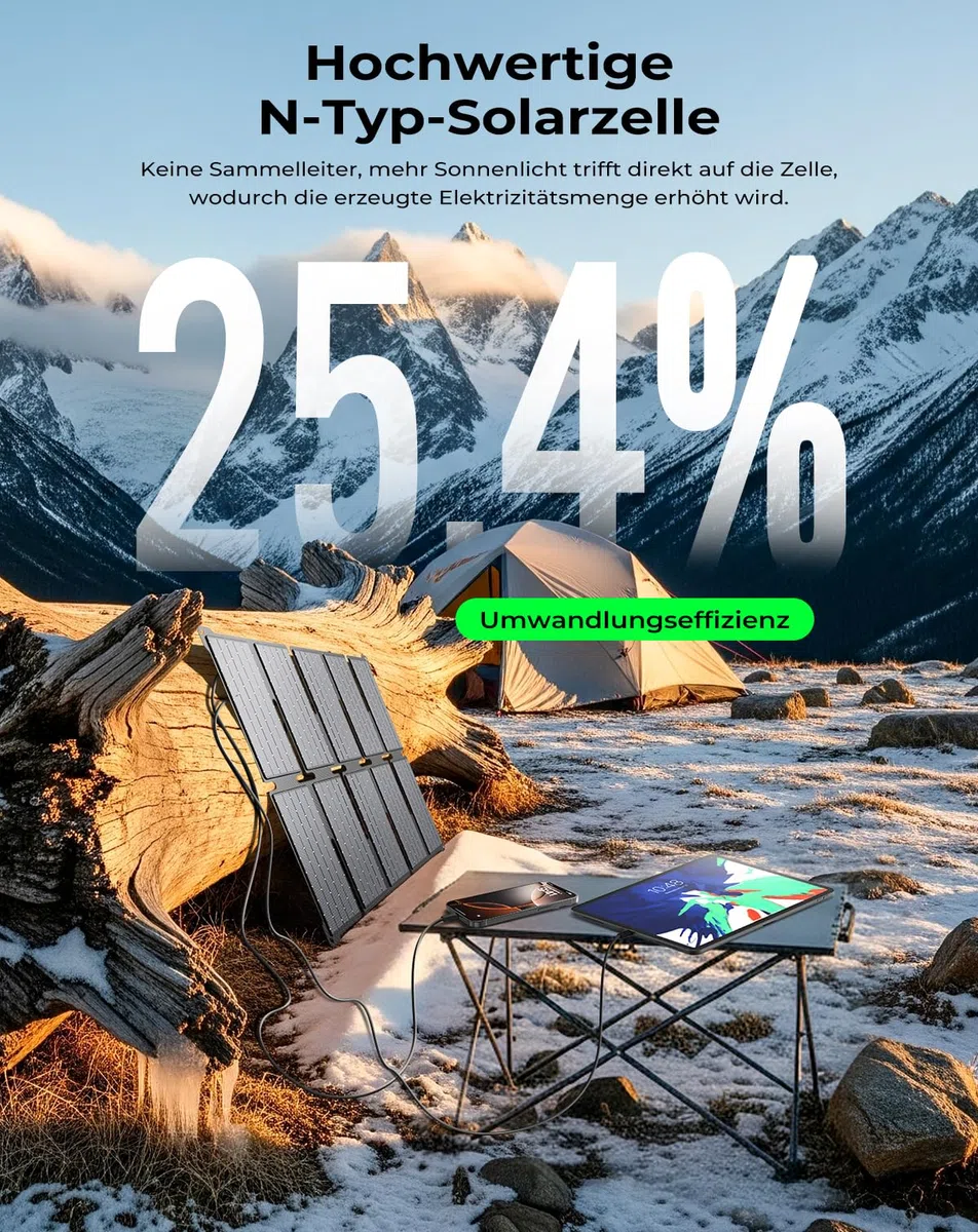 BigBlue Tragbarer 35W Tragbar Solar Ladegerät mit Schnellladung USB-A und PD 25W USB-C für Camping und Trekking, 0,7kg, IP68-Wasserdicht, Klappbares Solar-Ladegerät für iPhone/Android, iPad, Powerbank