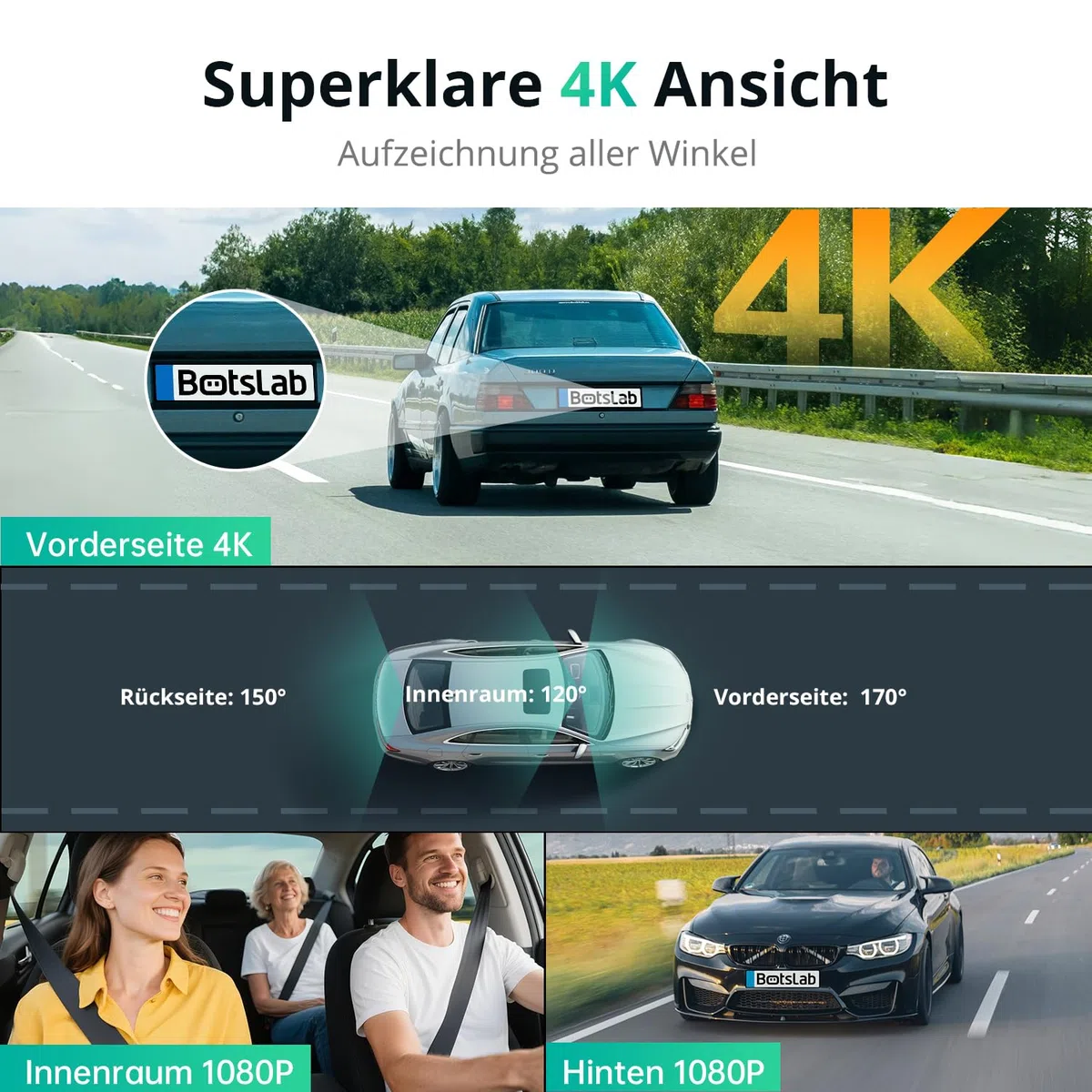 BOTSLAB 4K 3-Kanal Dashcam Auto Vorne Hinten, 3 Channel 4K+1080P+1080P, GPS 5.8GHz WiFi Dash Cam mit 128GB SD Karte, 3.18",Super Nachtsicht,WDR, Sprachbefehl,G-Sensor,Loop-Aufnahme,Parküberwachung