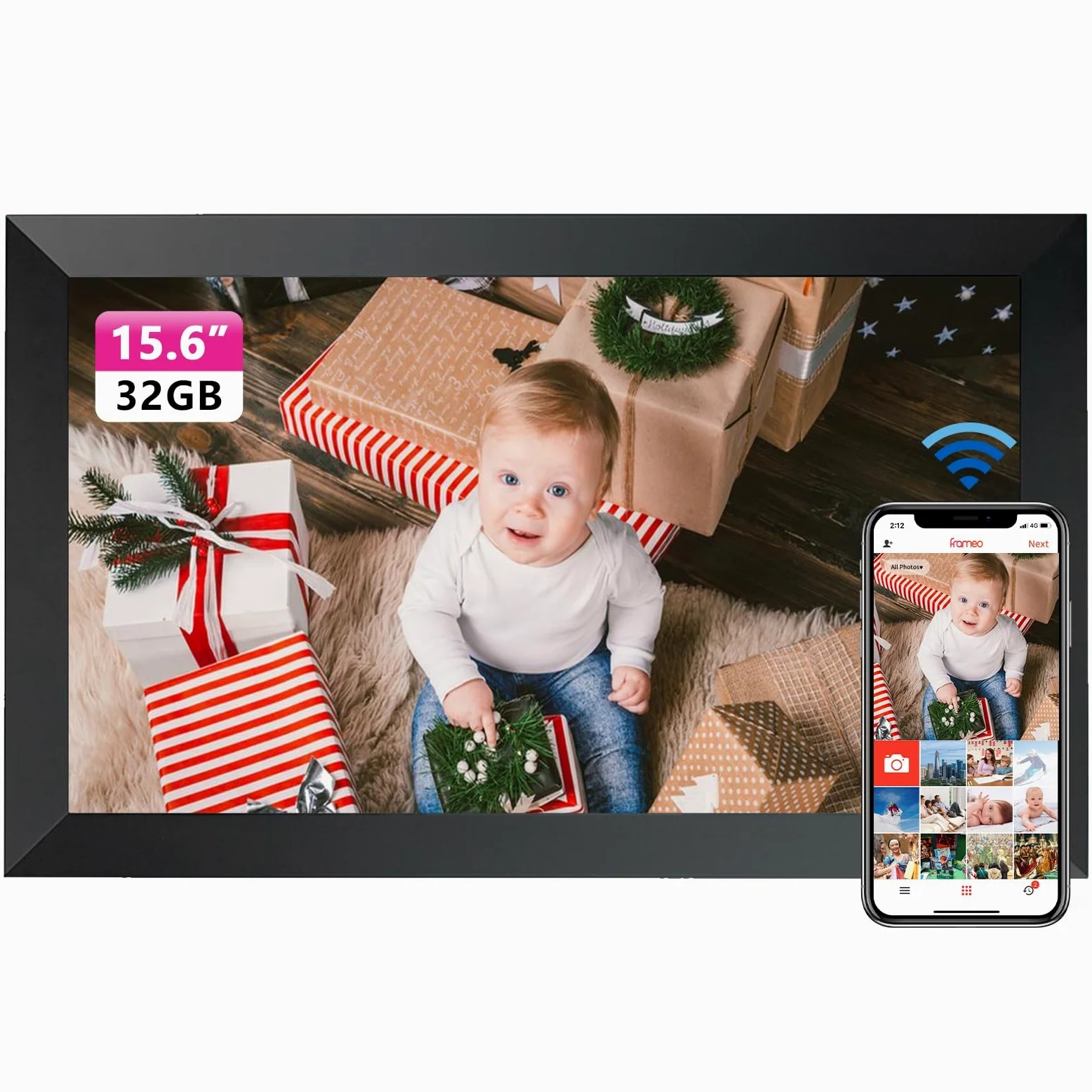 Frameo WLAN Digitaler Bilderrahmen 15,6 Zoll, 1920x1080 FHD IPS Touchscreen Smart Fotorahmen,Elektronischer Fotorahmen Groß mit 32GB,Automatische Drehung,Teilen von Bildern, Videos,Wandmontage Möglich