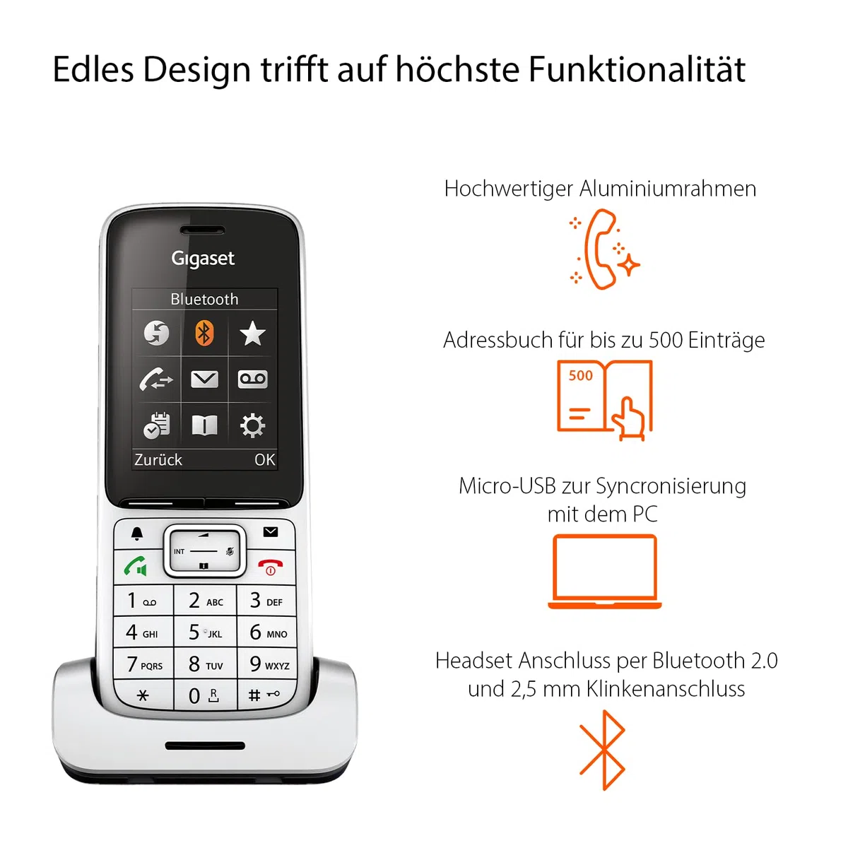 Gigaset SL450HX - DECT-Mobilteil mit Ladeschale - hochwertiges Schnurloses Telefon für Router und DECT-Basis - Bluetooth 2,0 - brillantes Farbdisplay - großes Adressbuch - EU-Version, silber