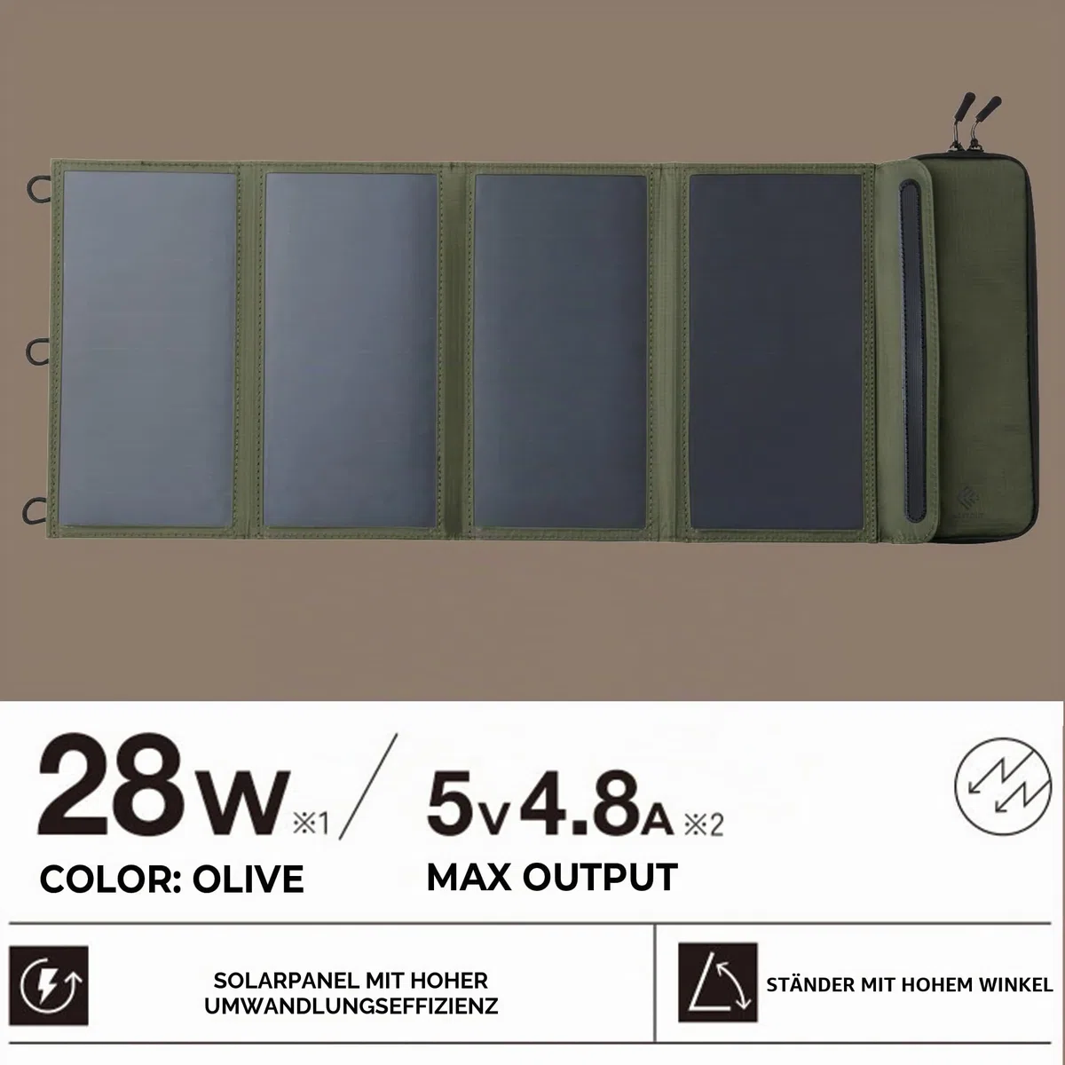 ELECOM NESTOUT Tragbares Solarmodul, Dual-USB-A-Ports, 28 W Stromerzeugungs-Ladegerät für Handy, Camping, strapazierfähiges, wasserabweisendes Ripstop-Nylon, faltbar, leicht, verstellbare Ständer (4