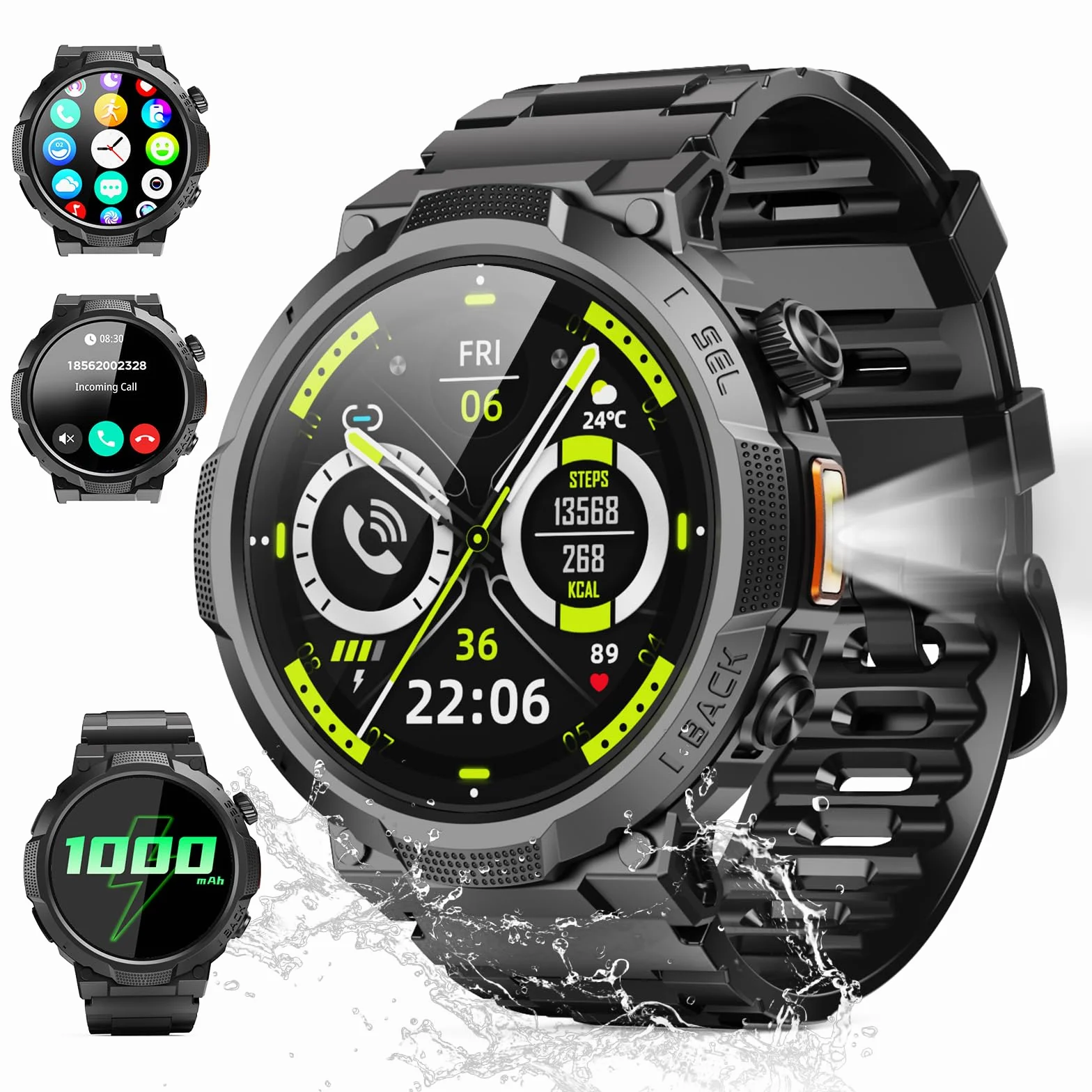 Smartwatch Herren Damen, 1.53" HD 1000mAh Militär Smart Watch mit Telefonfunktion, 100+Sportmodi Fitnessuhr Tracker, IP68 Wasserdicht Sportuhr, Herzfrequenz Schlafmonitor Schrittzähler Android iOS