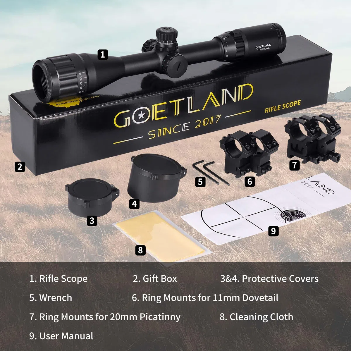 Goetland Gewehr Zielfernrohr 3-12x40 AO Airsoft Rot Grün Fadenkreuz mit Montage Ringe SFP für Taktische Jagd Armbrust Luftgewehr Sportschützen