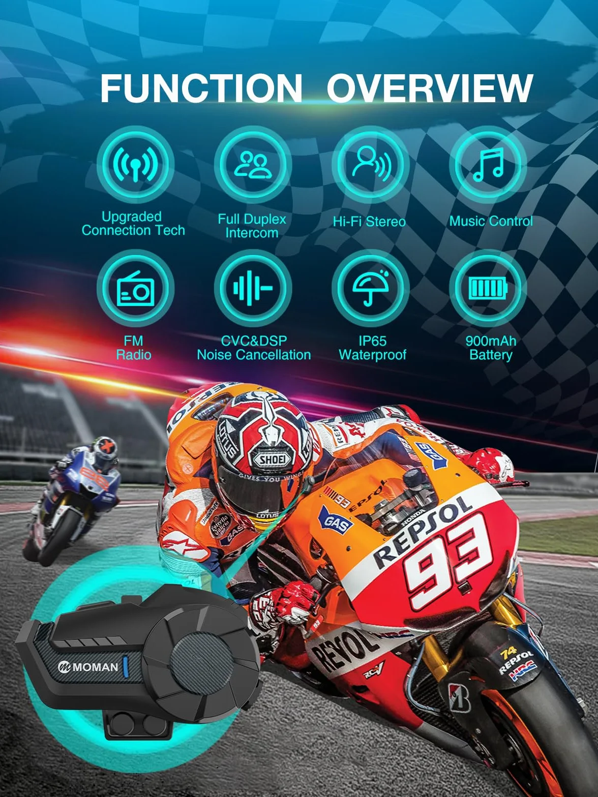 Moman H2 Pro Motorrad Intercom Headset Wireless 5.1 Kommunikationssystem 1000M FM Radio Wasserdicht