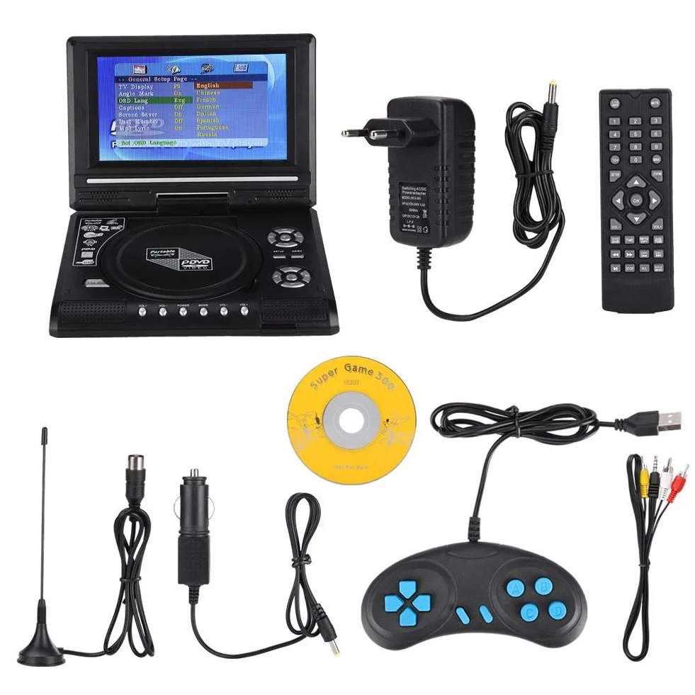 7,8-Zoll-tragbarer DVD-Player-Drehbildschirm mit TV-Funktion + Autoladegerät + Gamepad, integriertem Unterstützung für FM-Radio, Unterstützung für SD-Karte und USB-Anschluss(EU)