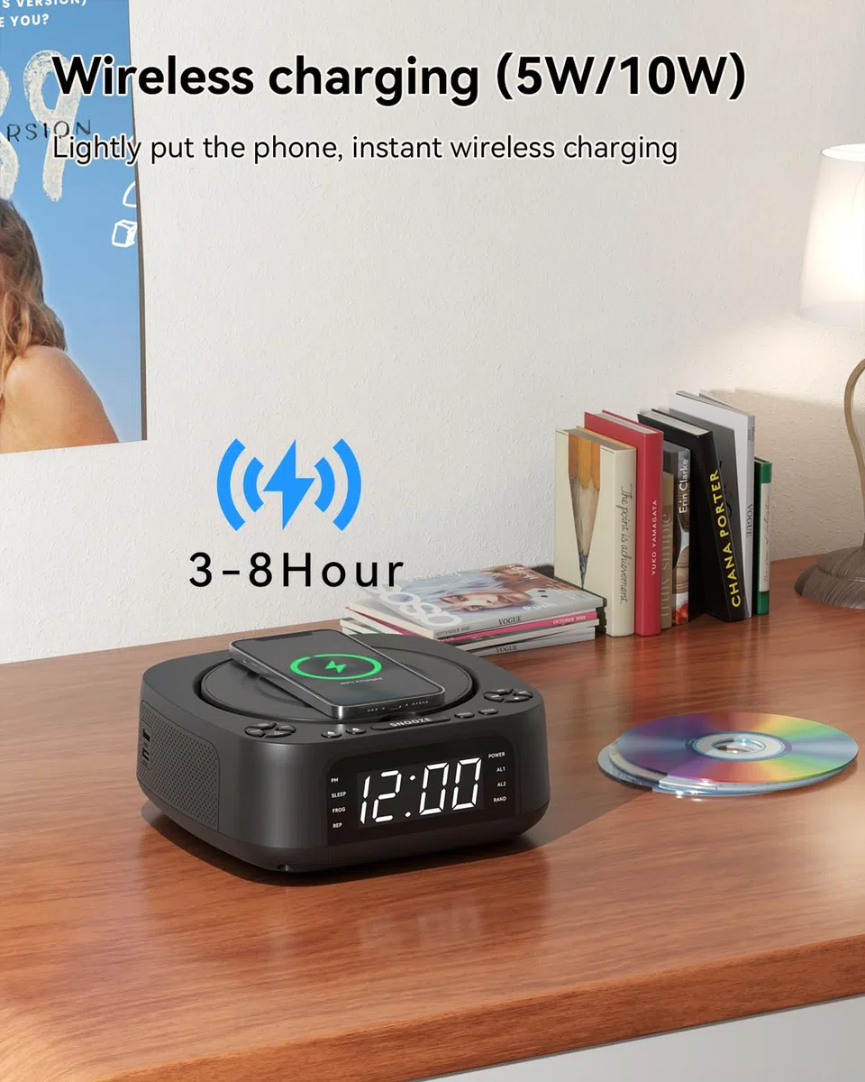 MONODEAL CD Player Tragbar mit Wireless Charger für Telefon, Tragbarer CD Player Bluetooth und FM Radio Für Zuhause, Fernbedienung,Groß Display, Wecker, SleepTimer