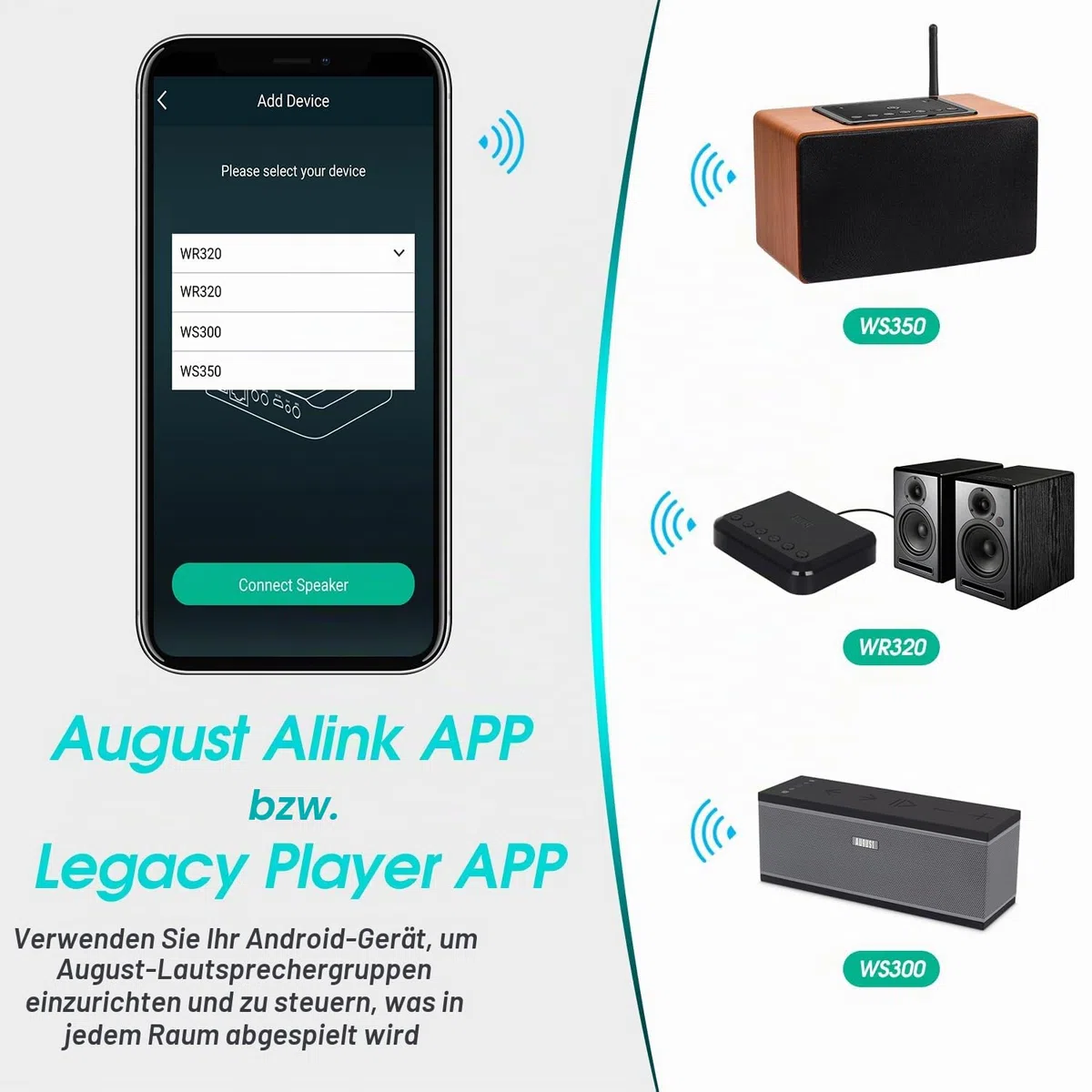 August WR320 WLAN Audio Receiver WiFi Bluetooth Multiroom Adapter für Lautsprechersysteme-kabelgebundene Lautsprecher in drahtlose Konvertieren-Aux Ethernet-kompatibel mit Airplay Spotify Radio DLNA
