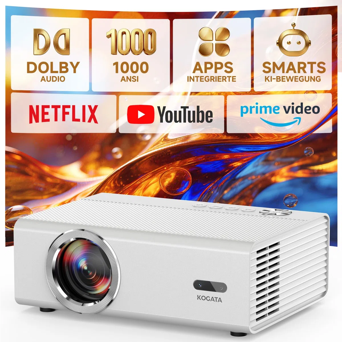 KOGATA 4K Smart Beamer mit Autofokus, 6D Keystone, HDR10+, WLAN & Bluetooth, kompatibel mit Netflix & Dolby Audio