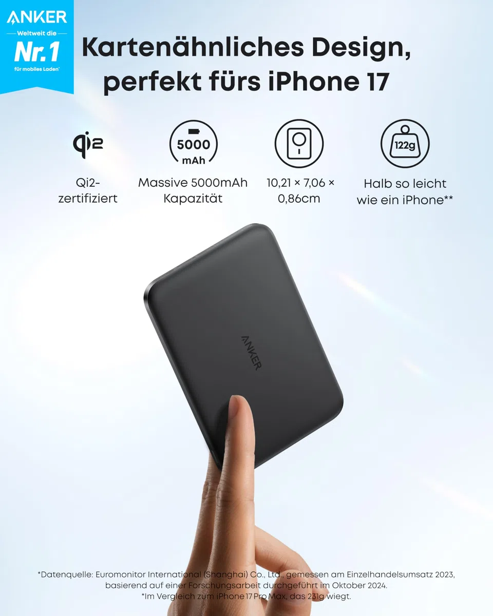 Anker Nano Powerbank 5000mAh Qi2 15W MagSafe-kompatibel tragbares Ladegerät für iPhone 17/16/15/14/13