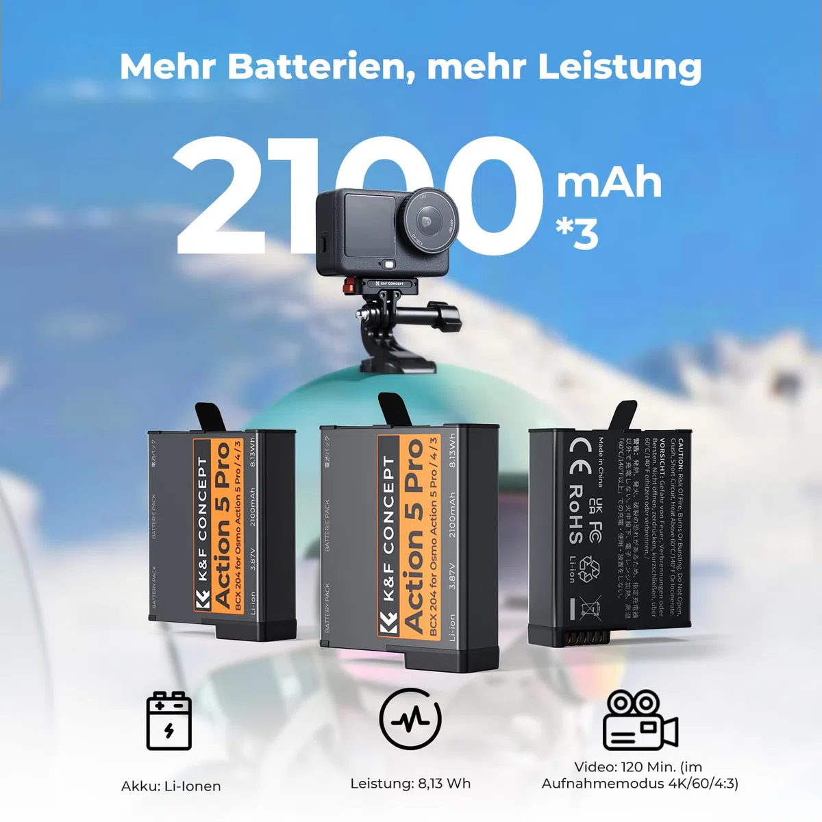 K&F CONCEPT OSMO Action 5 Kamera-Akku 2100mAh, Dreifach-Akku-Ladegerät mit DREI Steckplätzen und Kartenetui im Set Kompatibel mit DJI OSMO Action 5 Pro, Osmo Action 4, Osmo Action 3 und Osmo 360