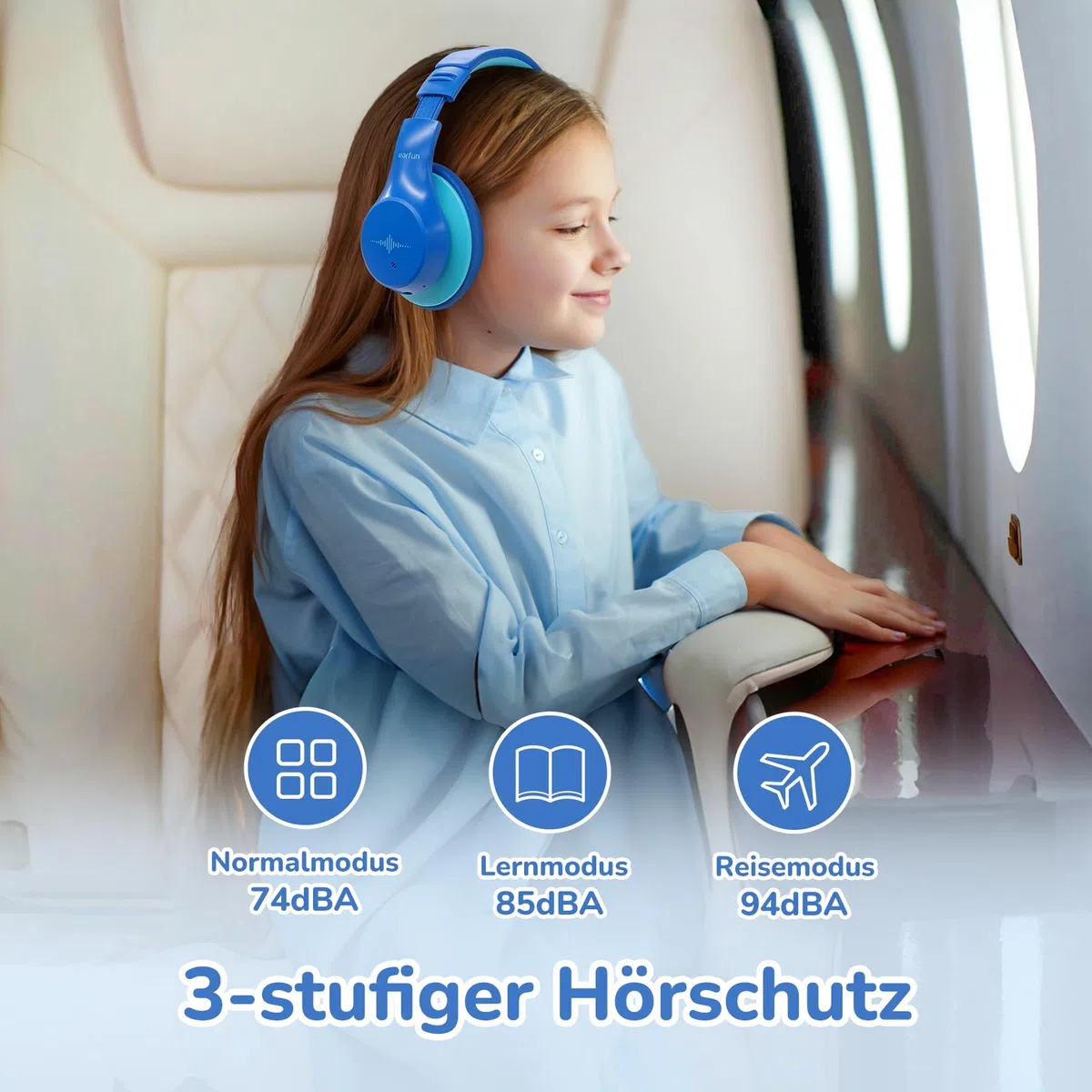 EarFun Bluetooth Kinder Kopfhörer, Noise Cancelling Kopfhörer Kinder, 74/85/94 dBA Sichere Lautstärke, 120H Akku, HD MIC, Bluetooth 5.4, Weich, Faltbar, Over Ear Kopfhörer für Schule/Reisen/Flugzeug