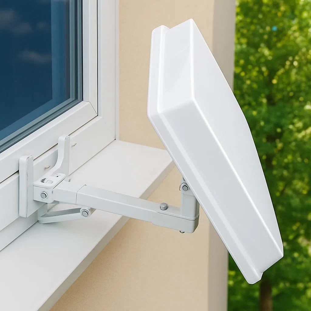 Sat Flachantenne Quad LNB HD Sat Anlage H30D4+ für 4 Teilnehmer kompakte Sat-Antenne mit Fensterhalterung Zubehör Set