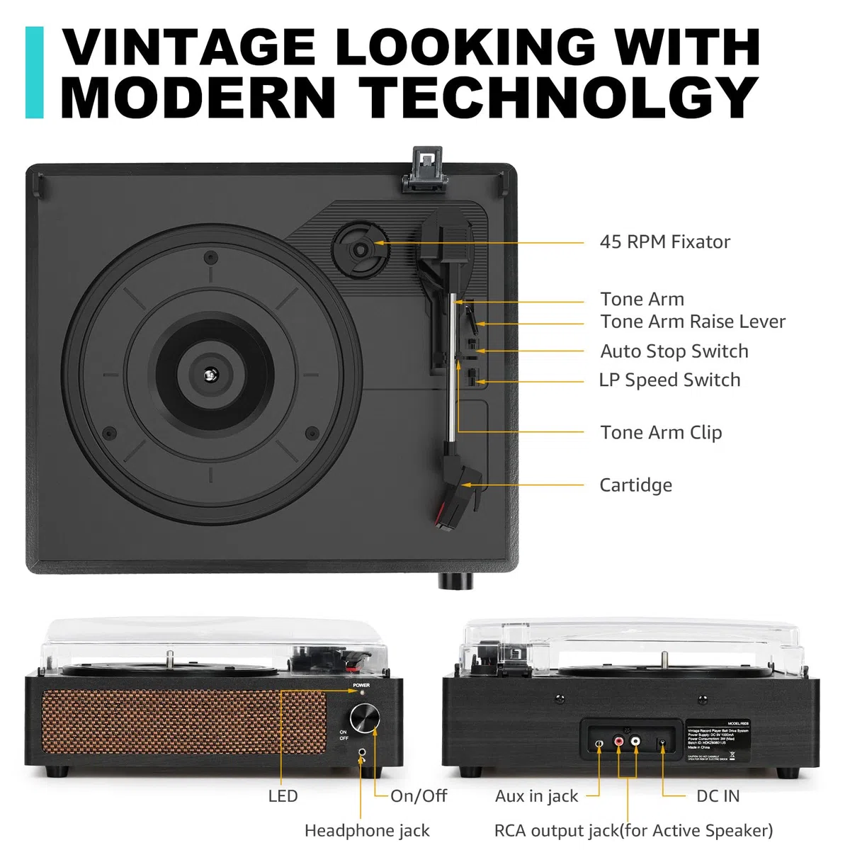 Trynnay Plattenspieler mit Lautsprecher Vinyl Schallplattenspieler Wireless LP Phonograph mit Eingebauten Stereo-Lautsprechern 3-Gang-Riemenantrieb Plattenspieler mit Lautsprechern Vintage-Kohle